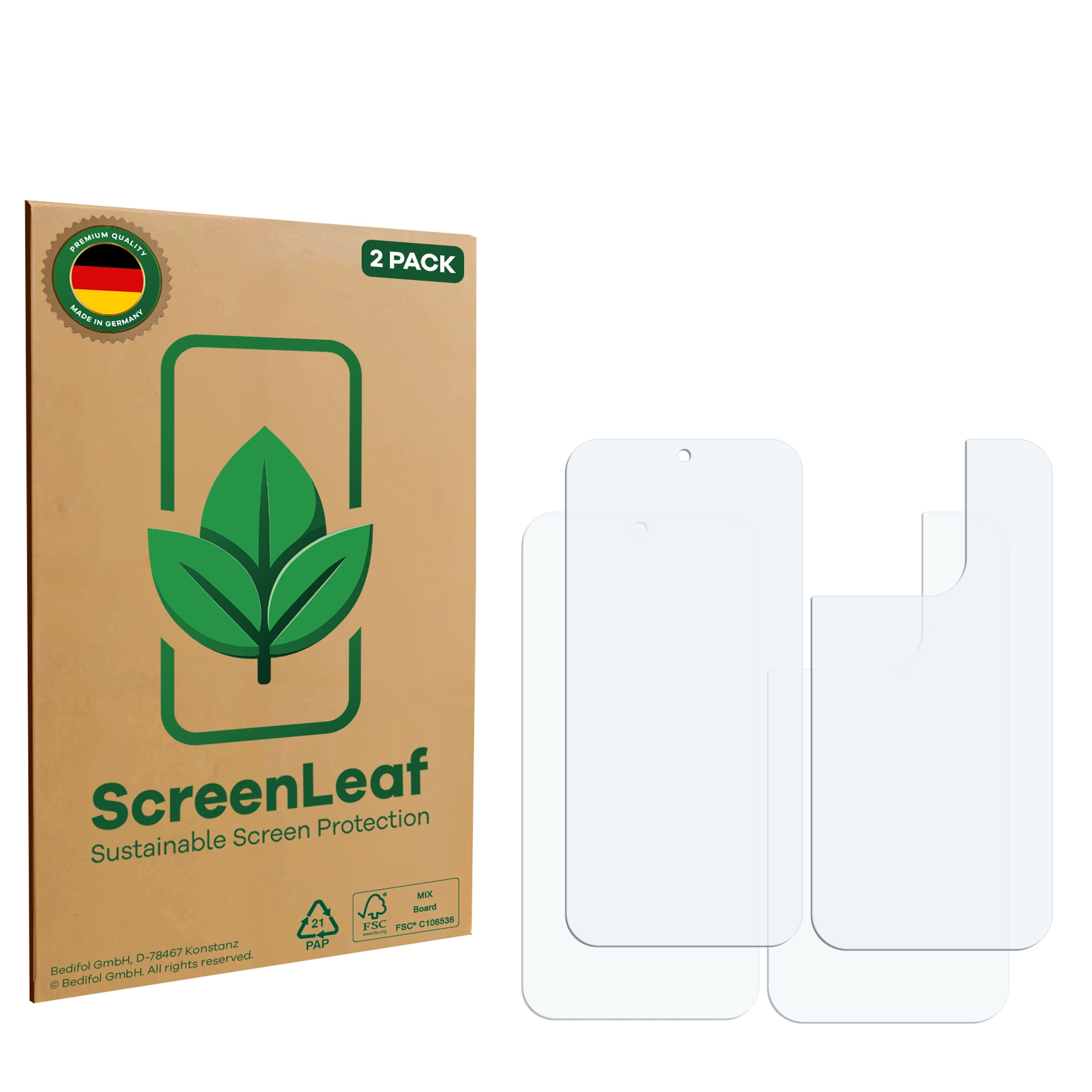 Eine Schachtel mit grünem Blattlogo und zwei Displayschutzfolien. Auf der Schachtel steht 'ScreenLeaf' und 'Made in Germany'.