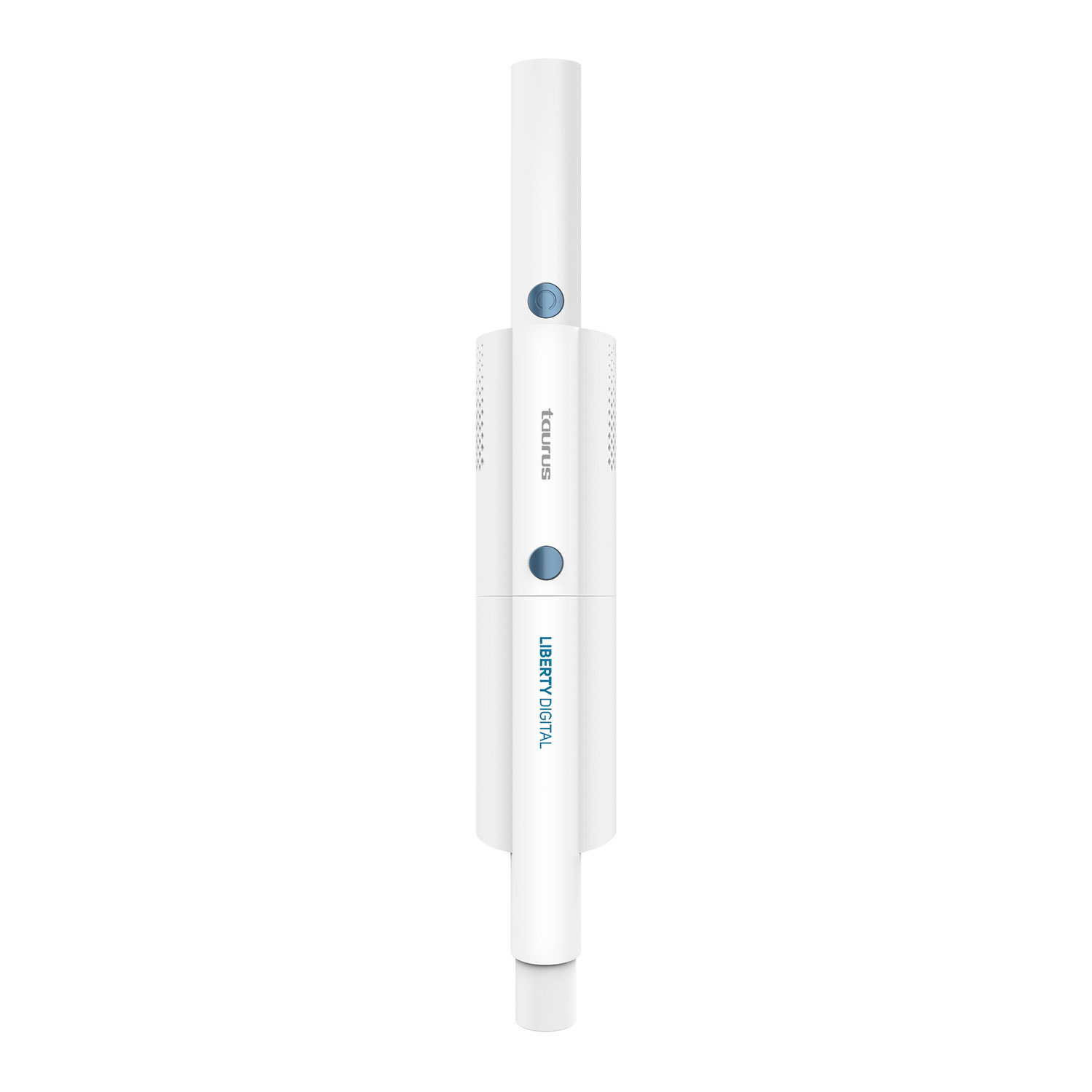 Un dispositivo Taurus Liberty Digital bianco e blu. Ha una forma cilindrica con due pulsanti blu e marchio.