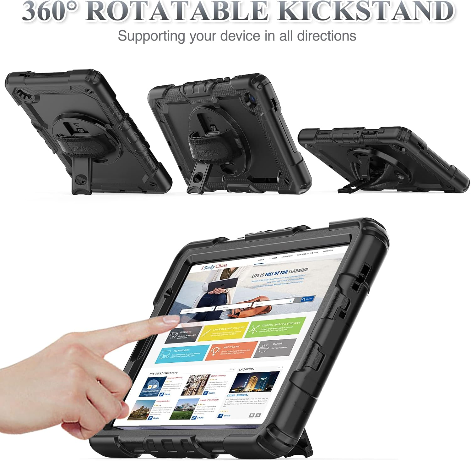 Ein Tablet in einer schwarzen Hülle wird in verschiedenen Winkeln gezeigt. Eine Hand berührt den Bildschirm mit einer Website. Text: 360° drehbarer Ständer.