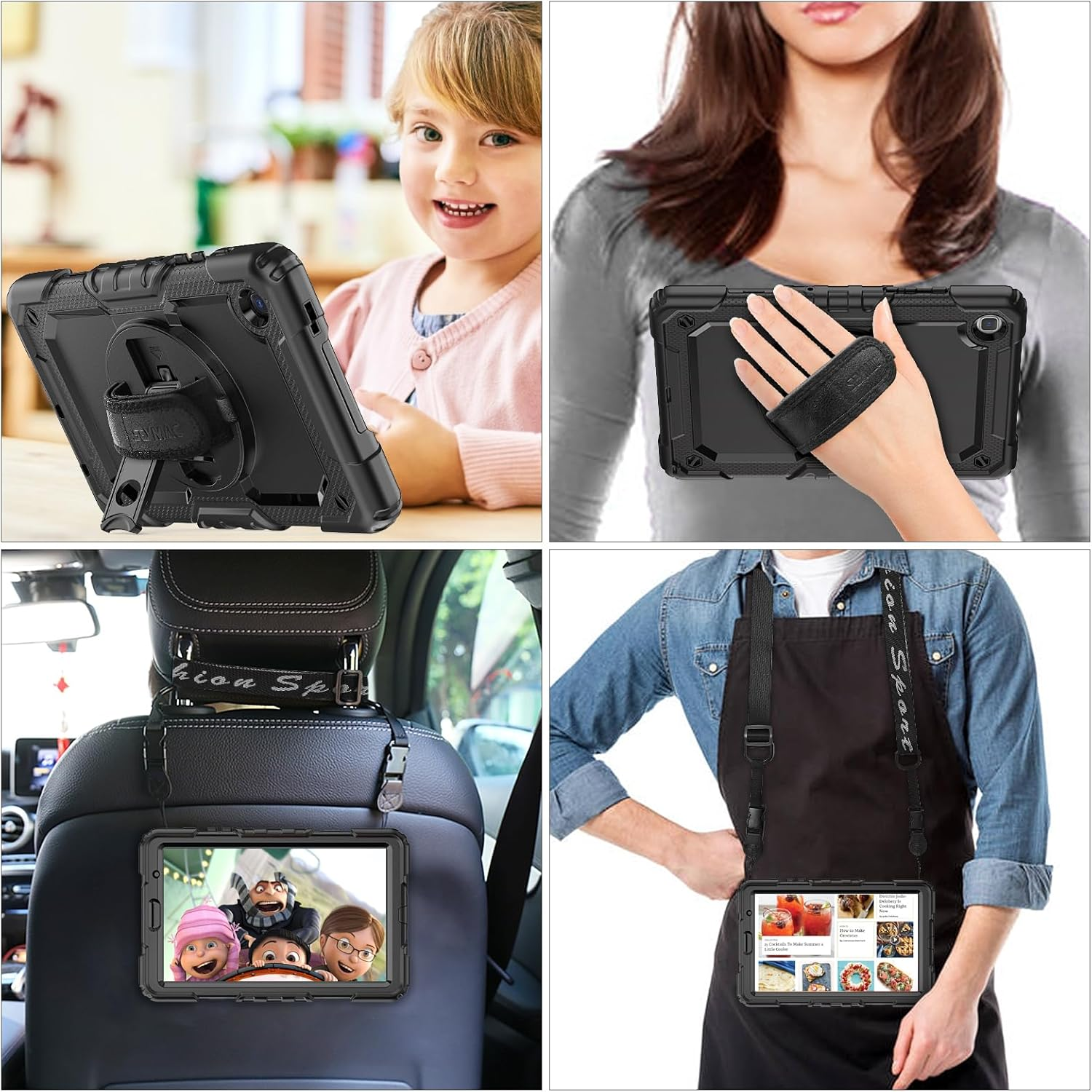Ein Tablet in einer schwarzen Hülle wird in vier verschiedenen Szenarien gezeigt: ein Kind, das es benutzt, von einer Person gehalten, in einem Auto und mit einem Gurt.