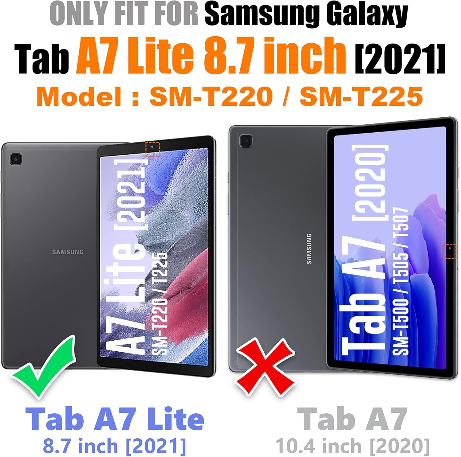 Das Bild zeigt zwei Tablets, eines mit der Aufschrift Tab A7 Lite und einem grünen Häkchen, das andere Tab A7 mit einem roten X. Text zeigt Kompatibilität.