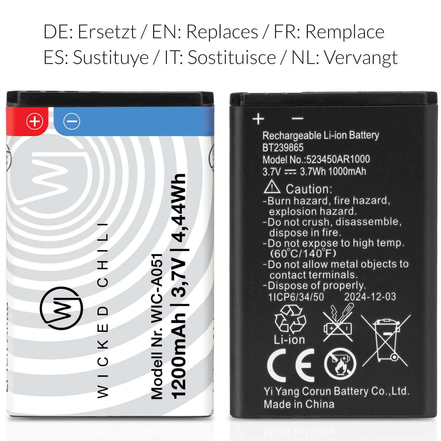 Zwei schwarze Batterien mit Text. Eine hat ein Plus/Minus-Symbol, die andere ein Warnsymbol mit Warnungen.