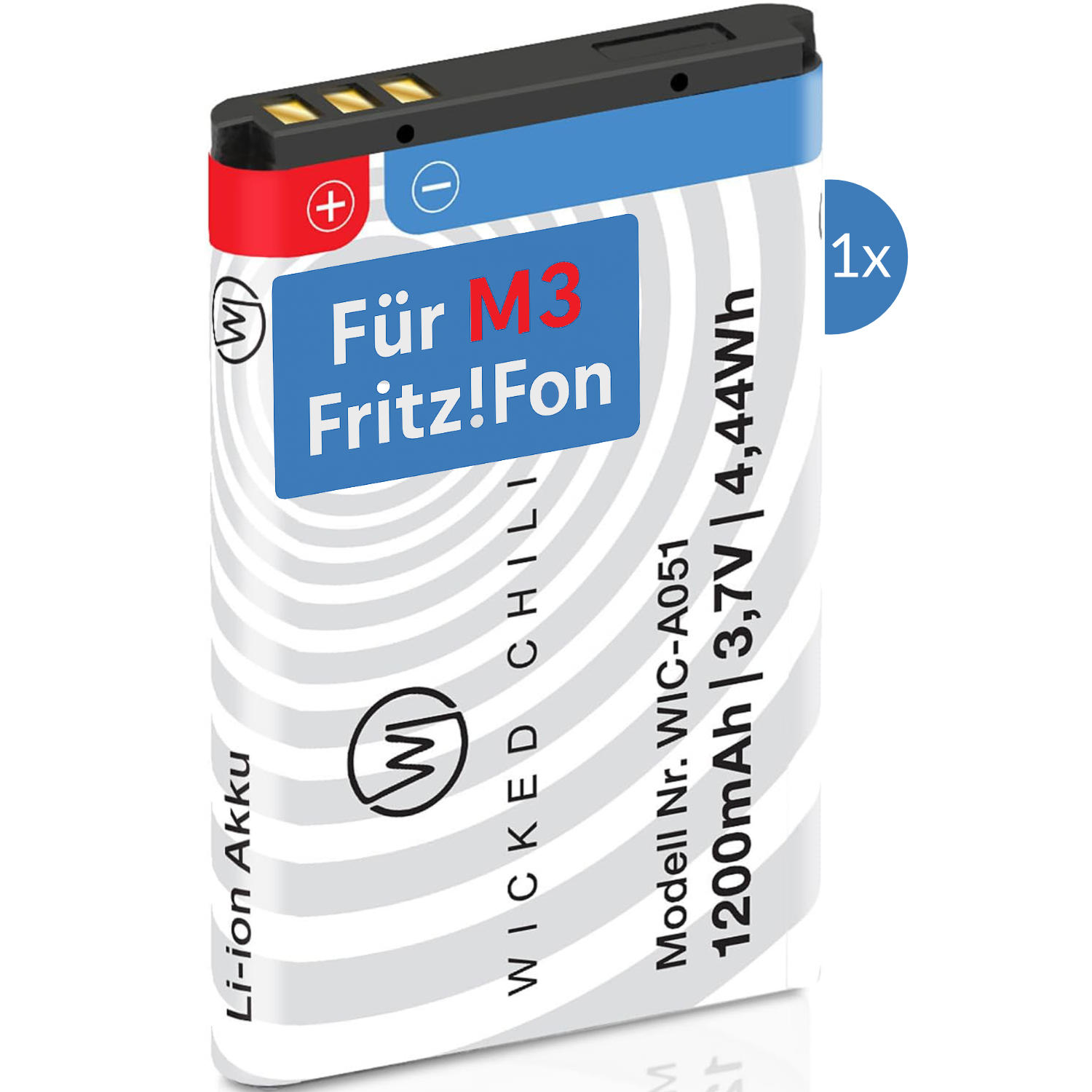 Ein Telefonakku mit der Aufschrift 'Für M3 Fritz!Fon'. Es steht 1200mAh | 3,7V drauf. Der Akku ist weiß mit roten, blauen und schwarzen Details.