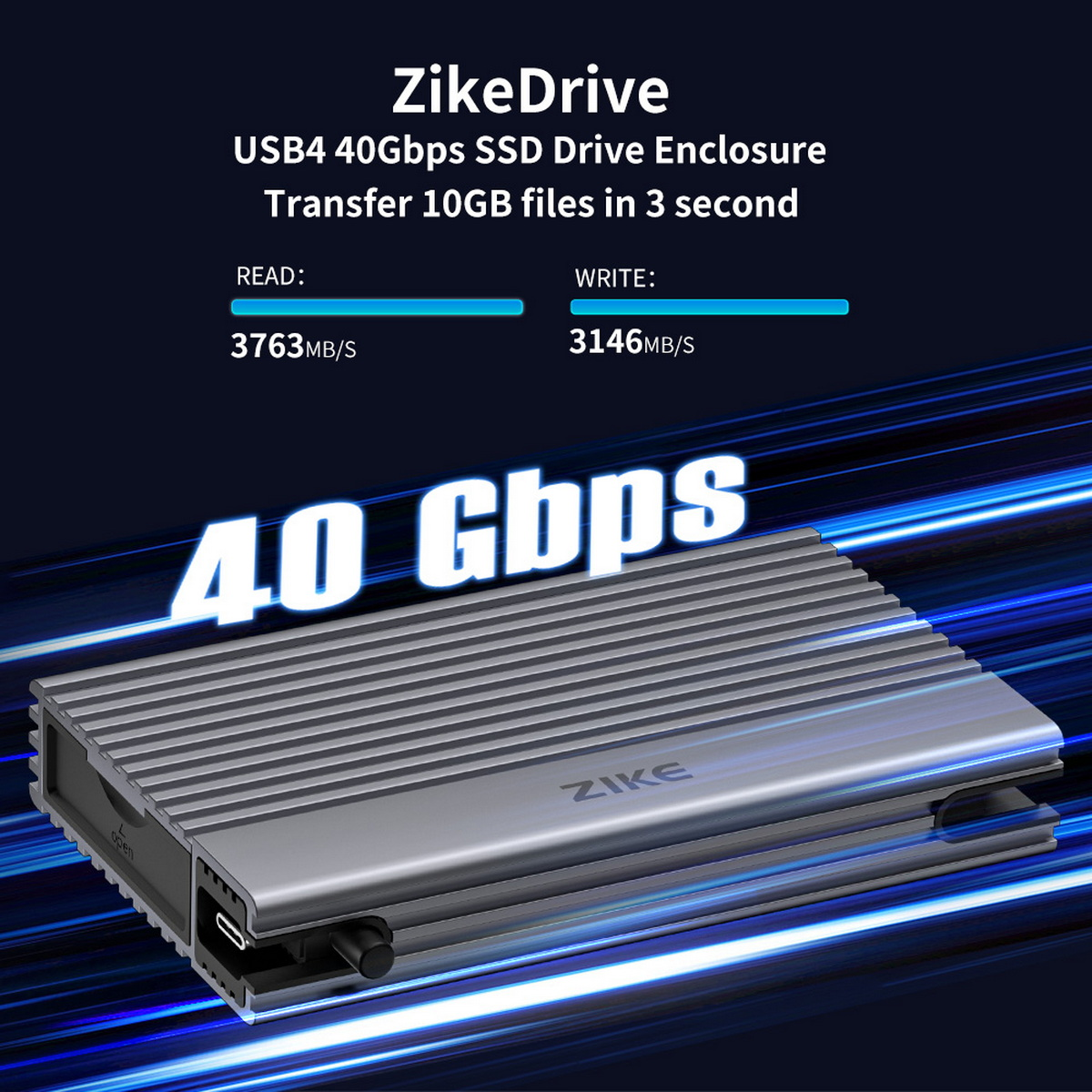 Ein silbernes ZikeDrive SSD-Gehäuse. Text zeigt, dass es USB4, 40 Gbit/s ist und 10 GB in 3 Sekunden überträgt. Lesegeschwindigkeit 3763 MB/s, Schreibgeschwindigkeit 3146 MB/s.