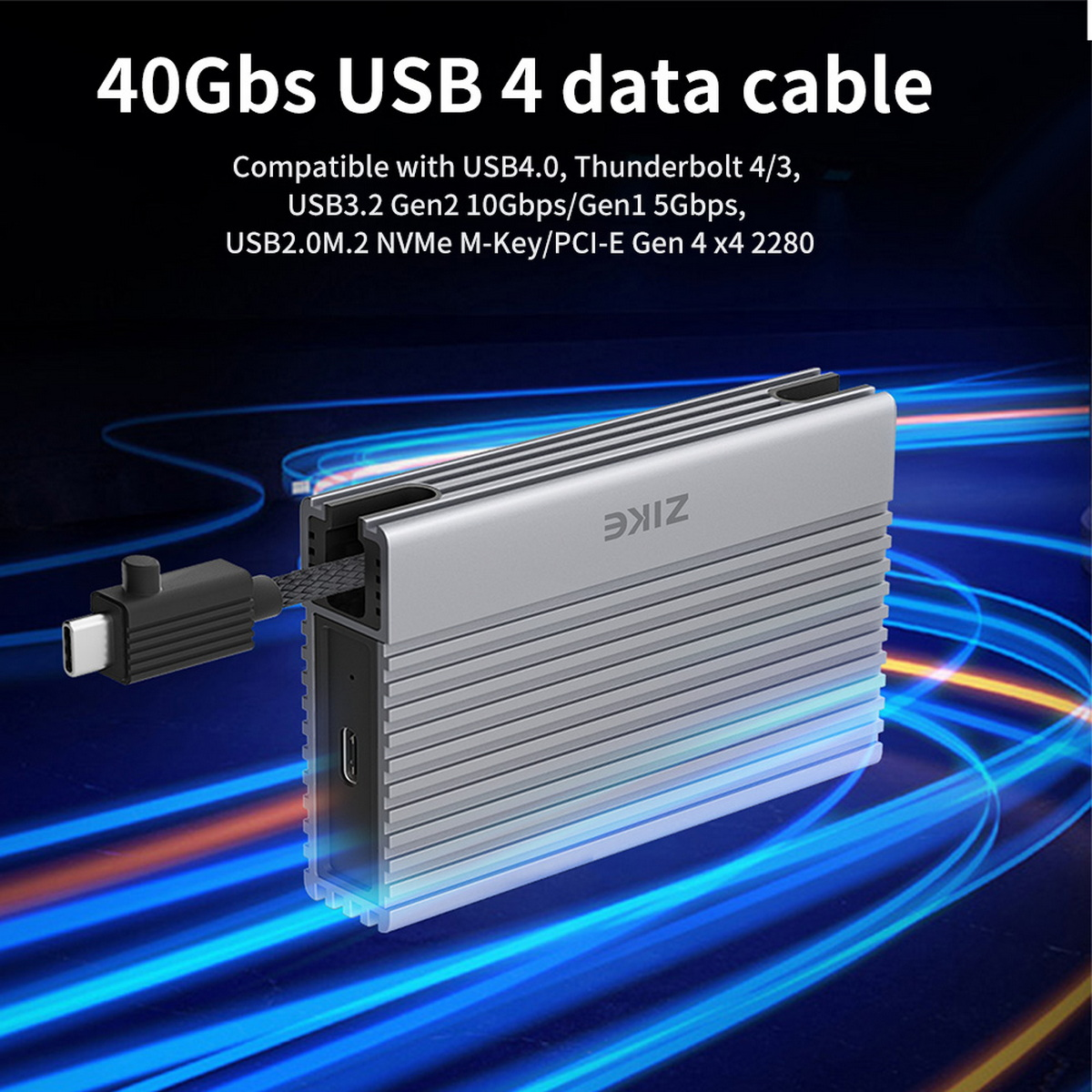 Ein silbernes USB 4 Datenkabel mit schwarzem Stecker. Text: '40Gbs USB 4 Datenkabel' und Kompatibilitätsdetails.