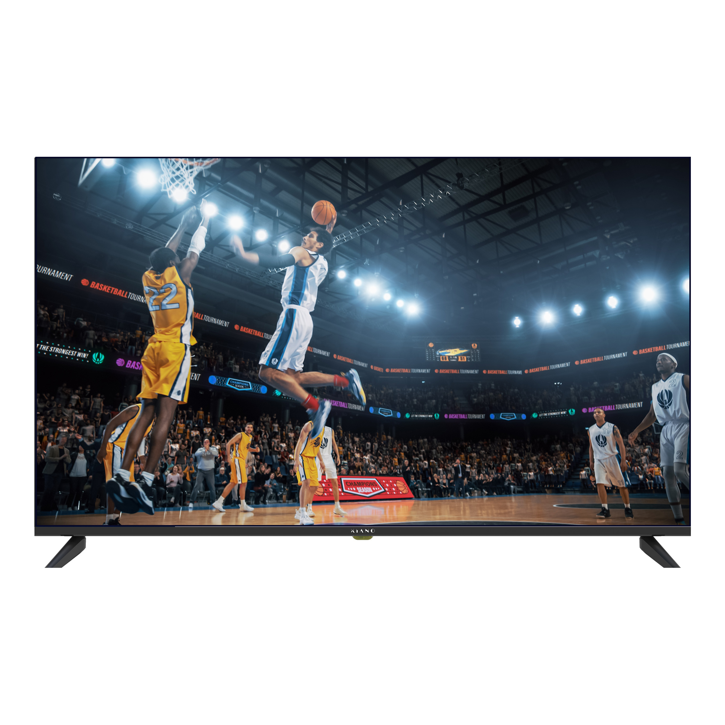 Partita di basket in TV. Giocatori in azione, saltano per la palla, pubblico sullo sfondo.