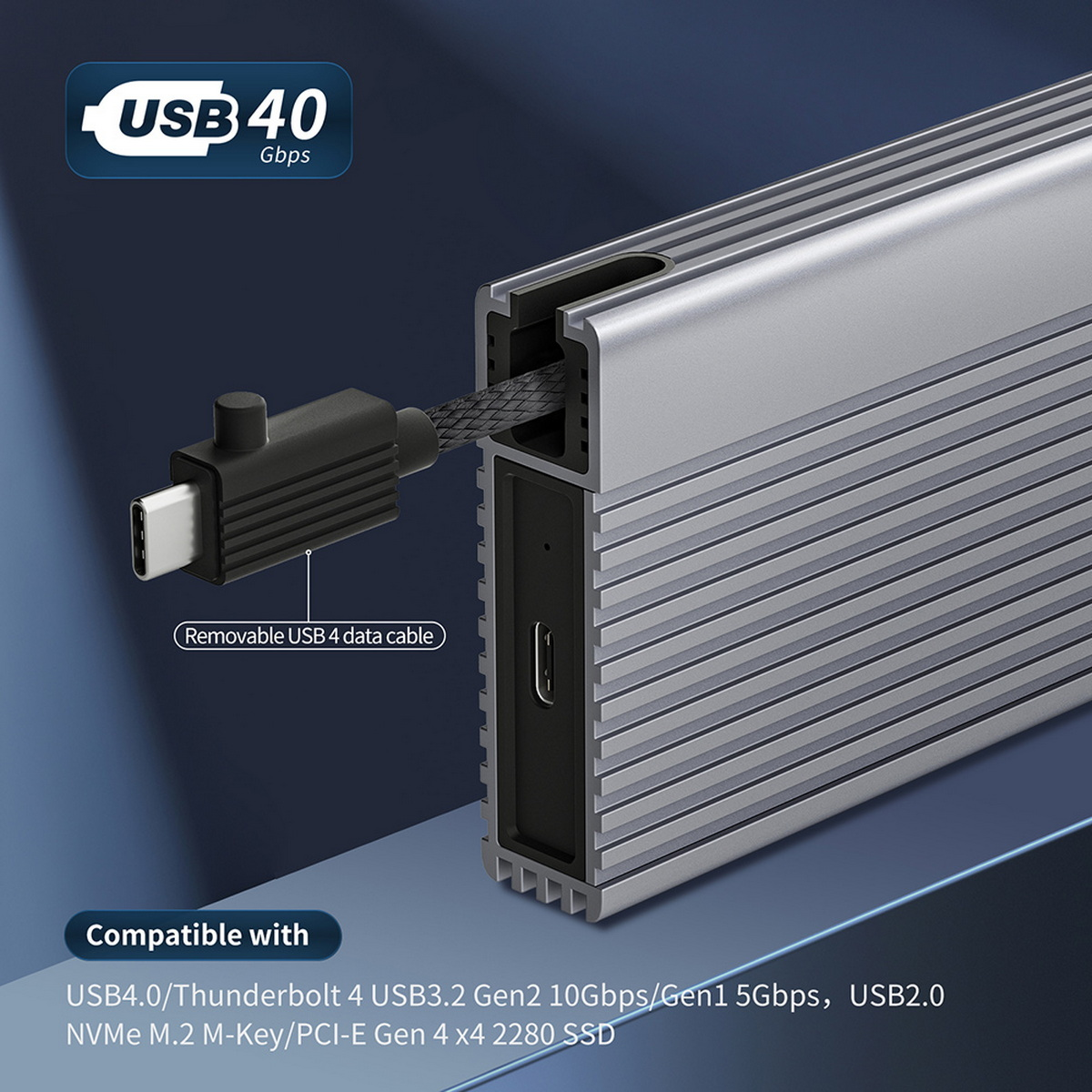 Silberne externe Festplatte mit USB-C-Kabel. Text: USB 40 Gbit/s, Abnehmbares USB-4-Datenkabel. Kompatibel mit USB4.0/Thunderbolt.
