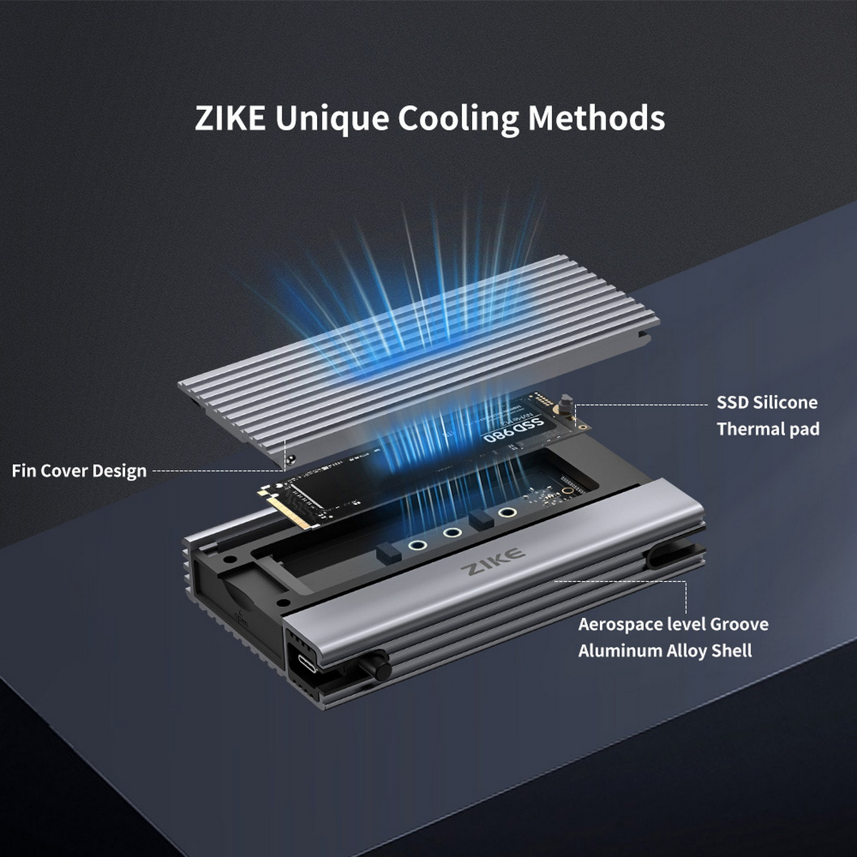 Explosionsansicht eines Zike-SSD-Kühlers zeigt die Finne, SSD, Wärmeleitpad und Aluminiumlegierungsschale mit Kühllinien.