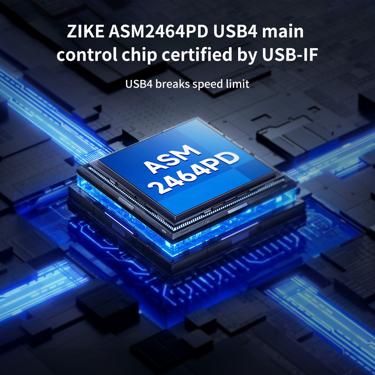 Nahaufnahme eines blauen und schwarzen Computerchips mit der Aufschrift ASM 2464PD, mit Text darum.