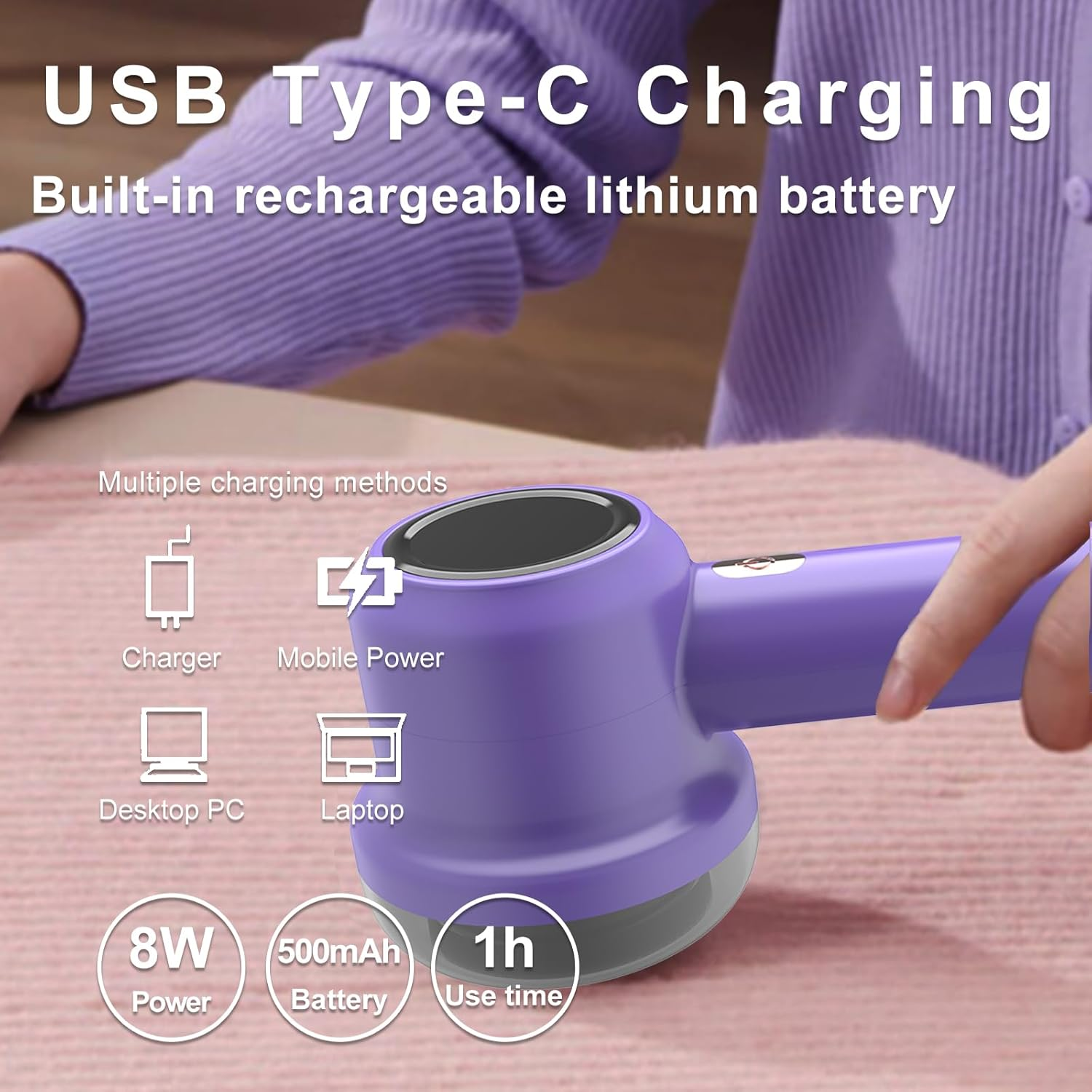 Ein lila Stoffrasierer mit Ladeoptionen. Text weist auf USB-Aufladung und eingebauten Akku hin. Symbole zeigen Lademethoden.