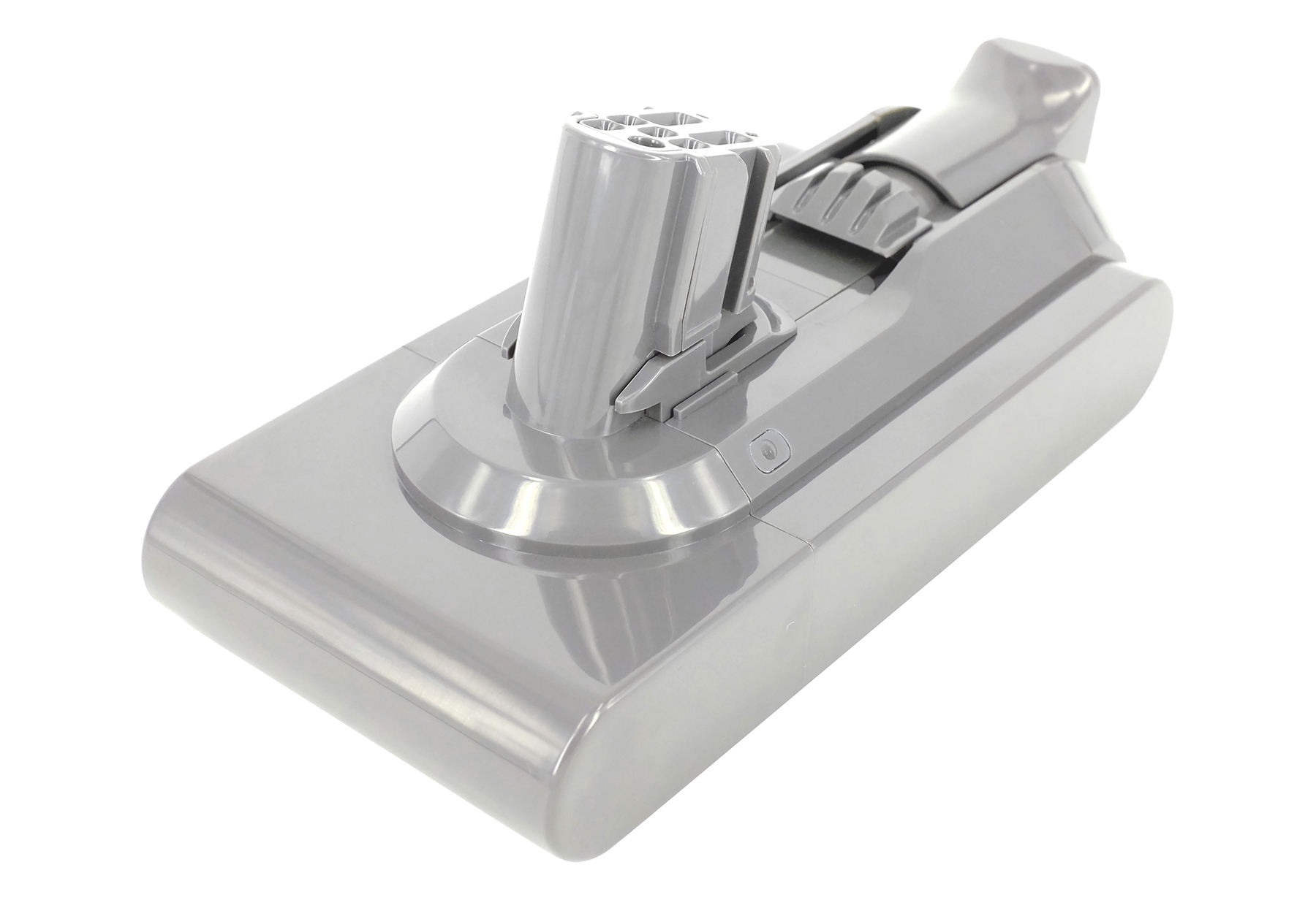 Ein grauer Dyson-Staubsaugerakku. Er hat eine zylindrische Oberseite mit rechteckiger Basis und ist vor weißem Hintergrund.
