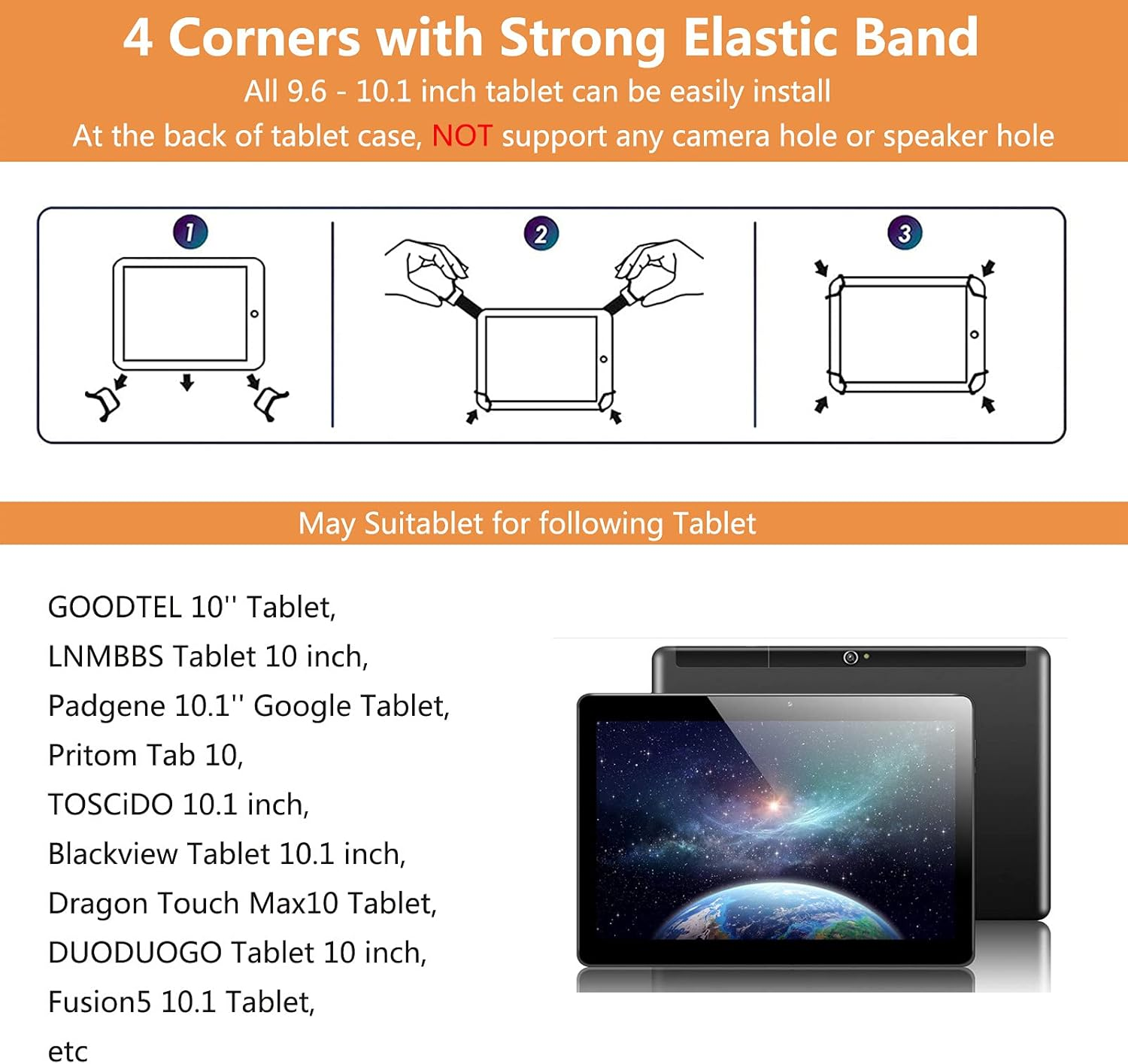 Diagramm zeigt die Installation von Tablets mit elastischen Bändern. Listet Tablet-Modelle auf. Ein Tablet liegt auf einem anderen.