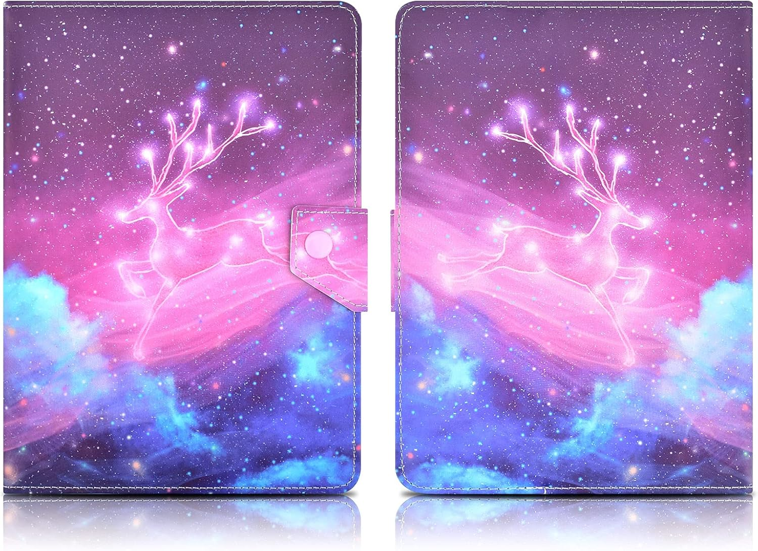 Eine Tablet-Hülle mit Sternenhimmel und einem leuchtenden Hirsch. Farben sind Pink, Lila und Blau. Die Hülle hat einen Knopfverschluss.