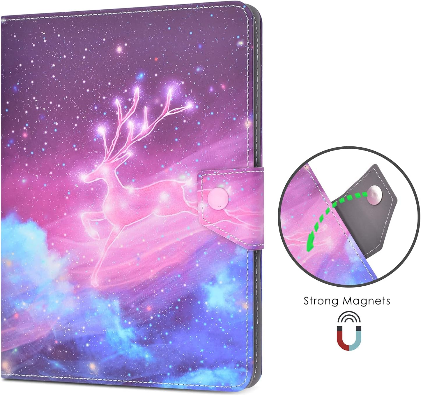 Tablethülle mit Hirschdesign in Sternenhimmel. Rosa Knopfverschluss. Starke Magnete in einem runden Einsatz gezeigt.