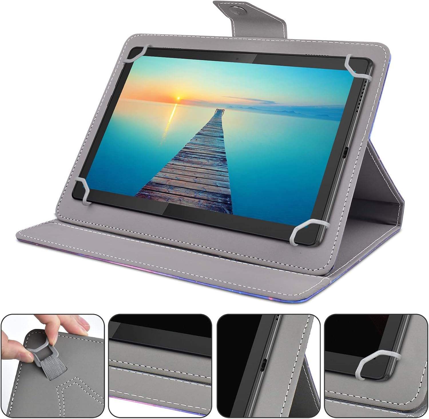 Tablet in grauem Gehäuse. Der Bildschirm zeigt Sonnenuntergang über einem Steg. Weiße Gummibänder halten das Tablet.