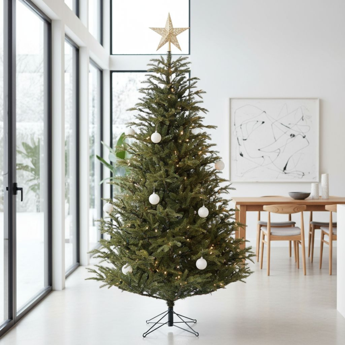 Un sapin de Noël décoré dans une pièce lumineuse. Il a une étoile dorée et des ornements blancs.