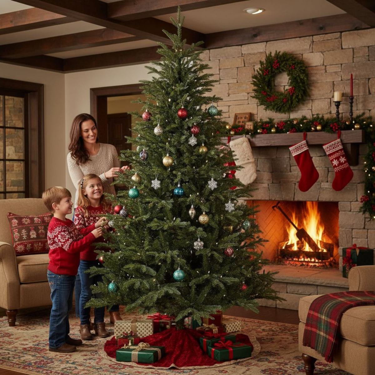 Une famille décore un sapin de Noël. Une cheminée avec des bas et une couronne sont derrière eux.