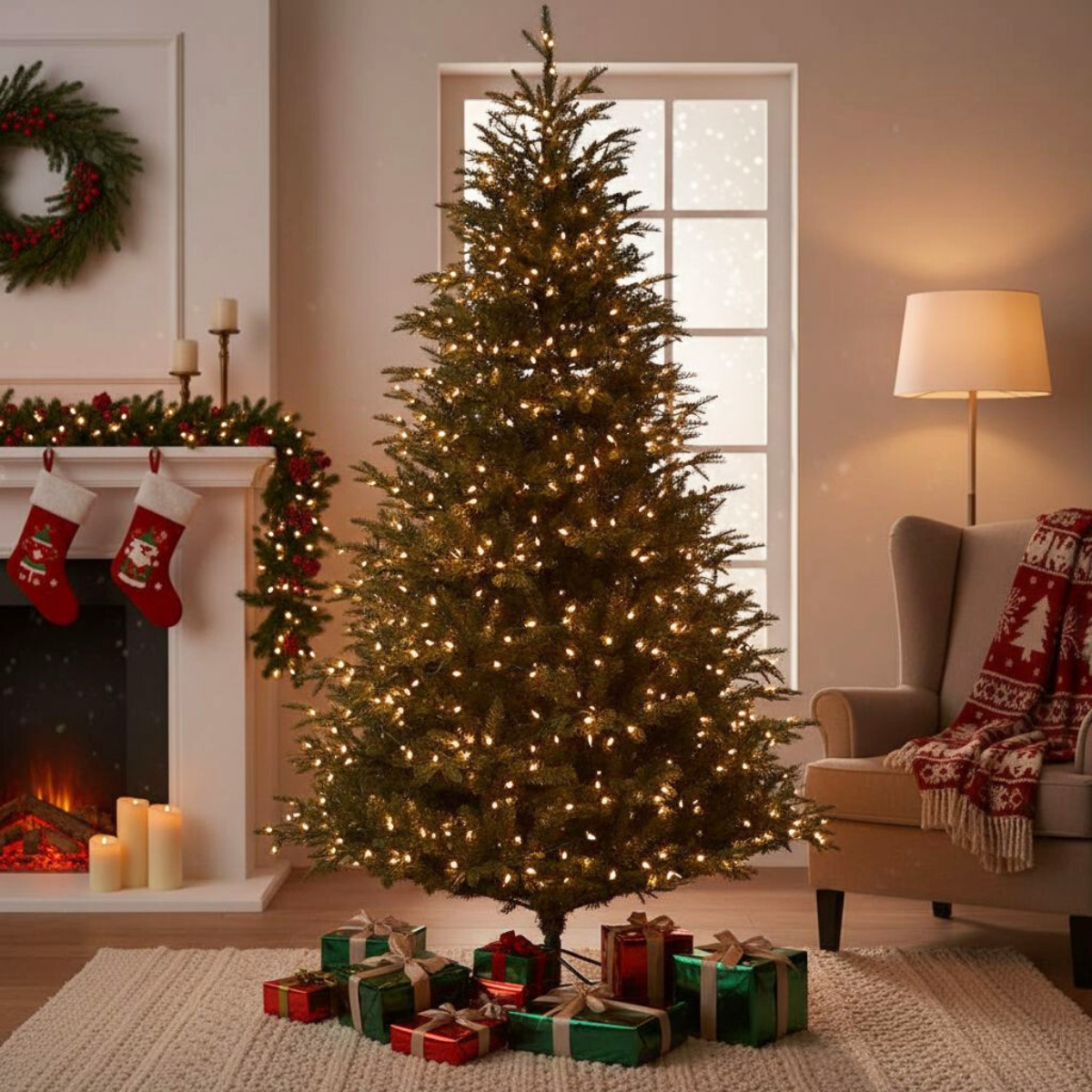 Un sapin de Noël décoré avec des lumières. Cadeaux sous le sapin. Cheminée avec chaussettes et bougies. Une pièce cosy avec chaise et lampe.