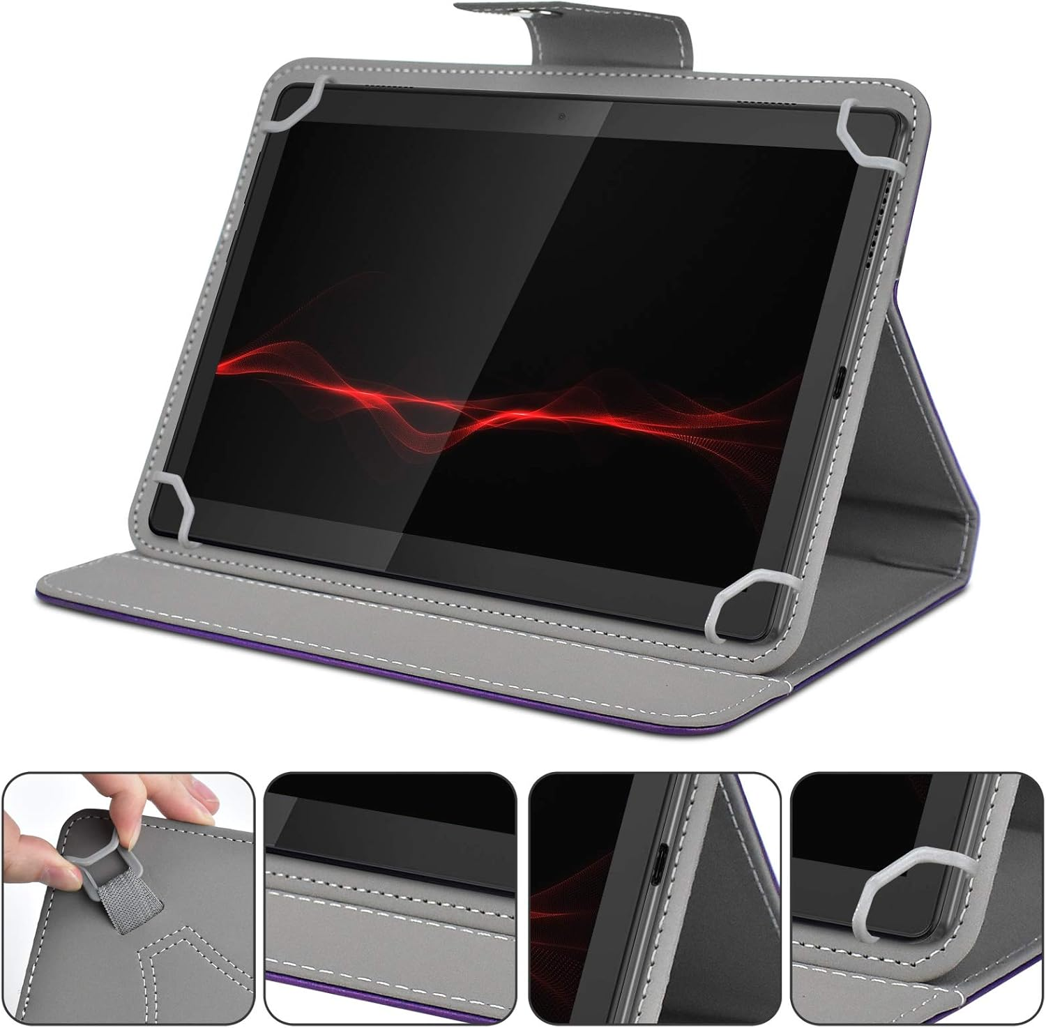 Ein Tablet in einer grauen Hülle mit lila Rand. Der Bildschirm zeigt ein rotes Wellenmuster. Es gibt auch Detailaufnahmen der Hülle.