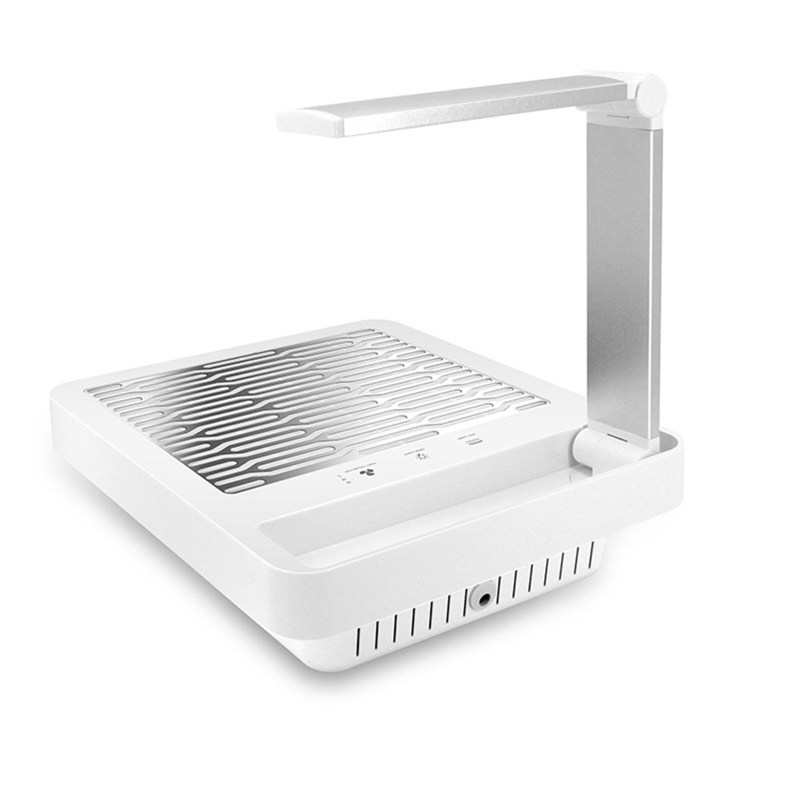 Ein weißes, modernes Indoor-Gartensystem mit einer Lampe darüber. Es hat eine Lüftung und Bedientasten.