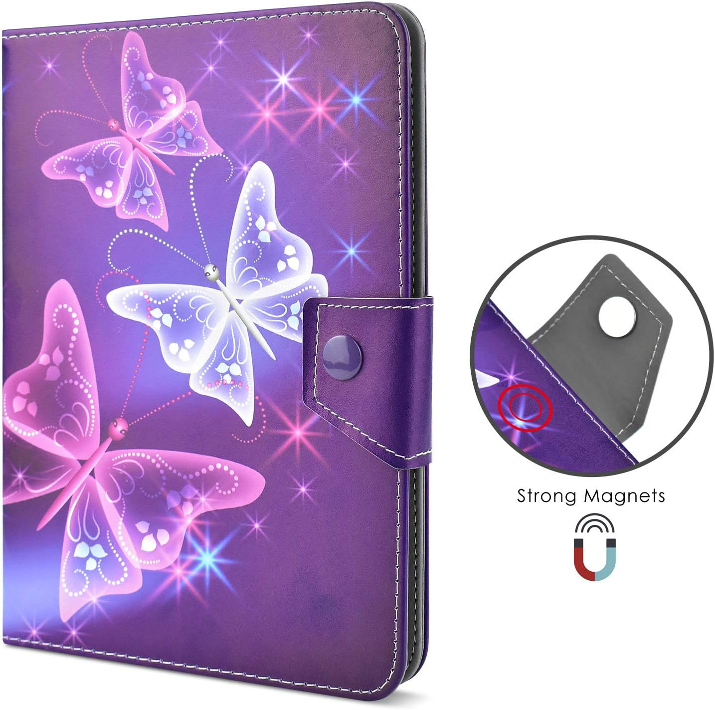 Lila Tablet-Hülle mit Schmetterlingsdesign. Mit starken Magneten. Dekorative Glitzer und Nähte vervollständigen das Design.