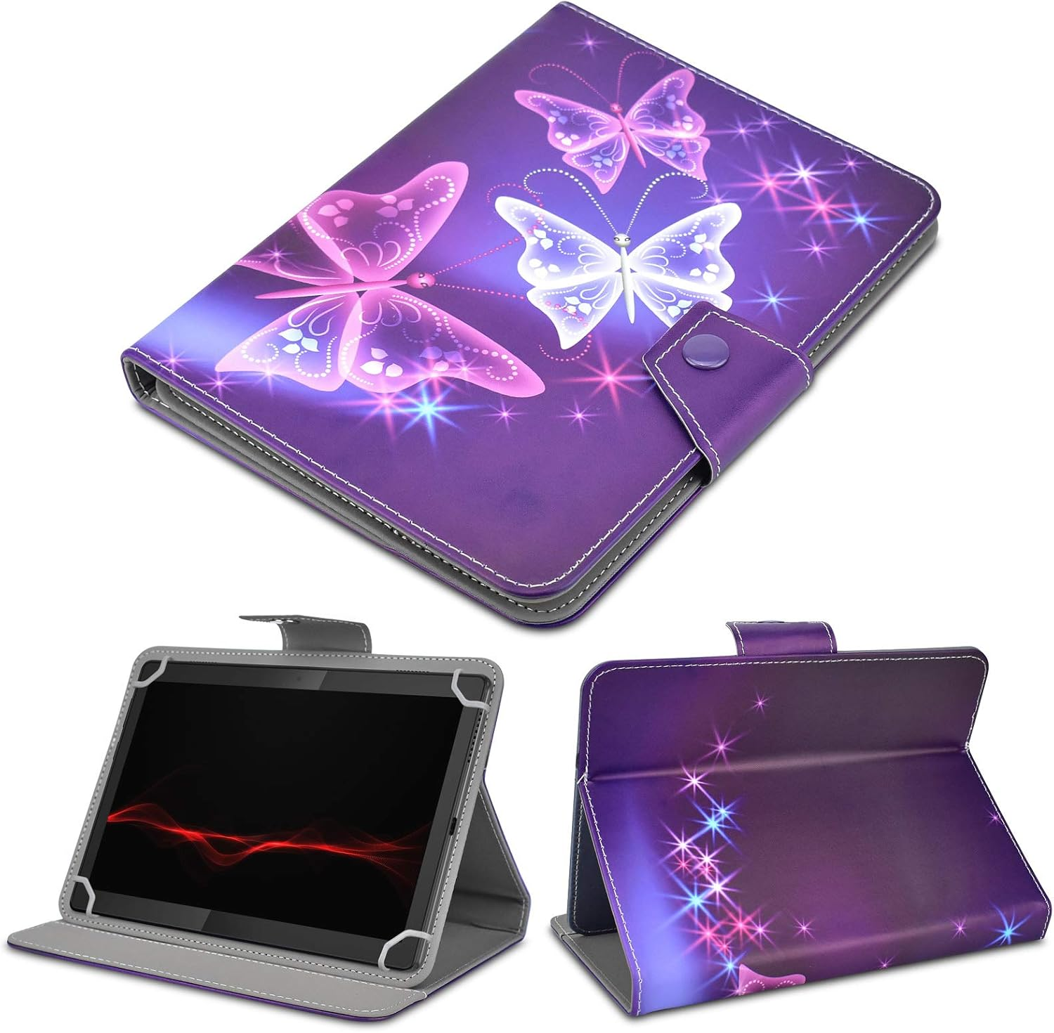 Lila Tablet-Hülle mit Schmetterlingsdesign. Grauer Innenraum. Drei Bilder zeigen verschiedene Blickwinkel der Hülle und des Tablets.