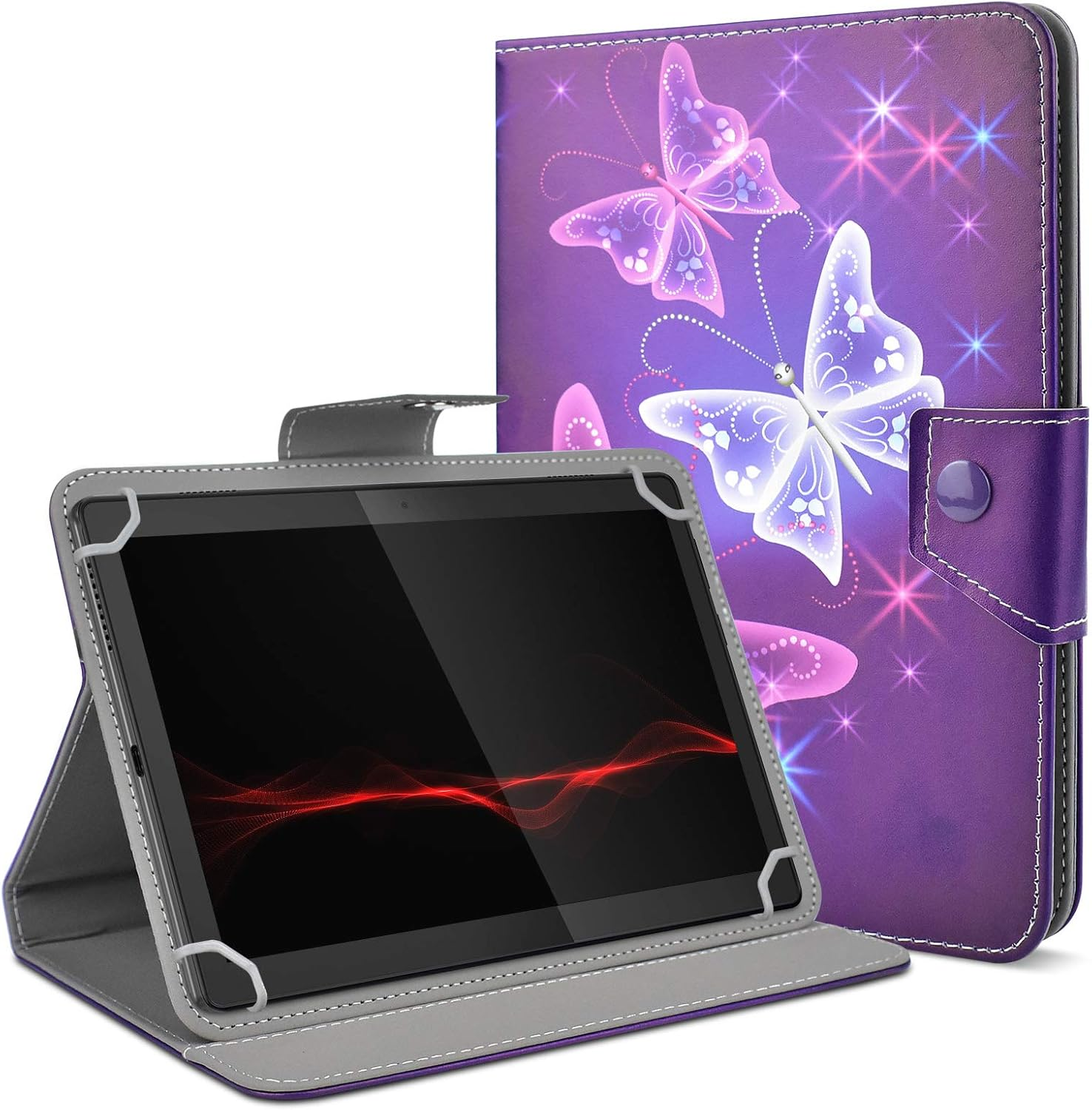 Tablet in lila Hülle mit Schmetterlingsdesign, geöffnet, um den Bildschirm mit roten Linien zu zeigen. Hülle ist grau und lila.