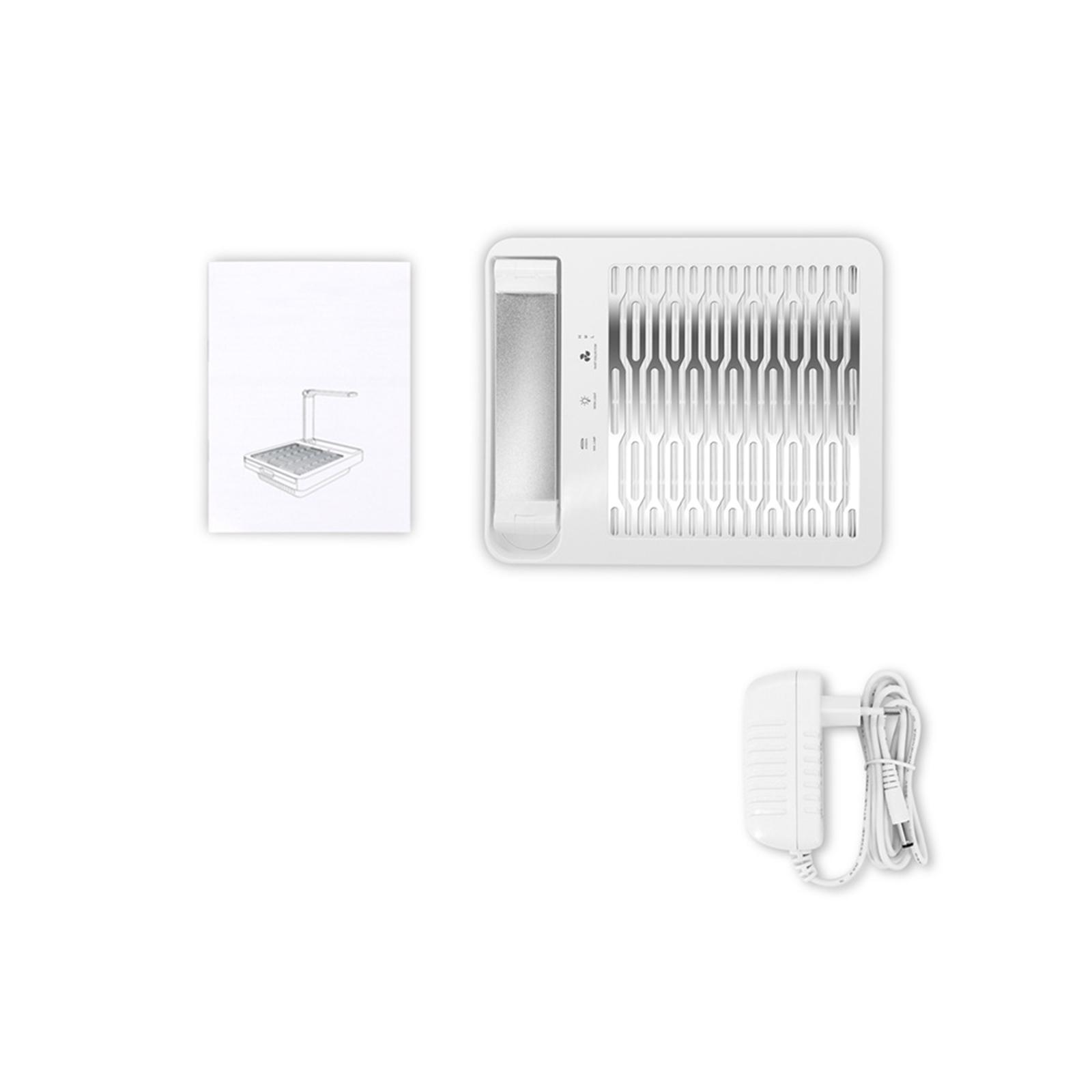 Ein weißes Pflanzenlicht-Kit mit einem Heft, einem Lichtpanel und einem Netzteil auf weißem Hintergrund.