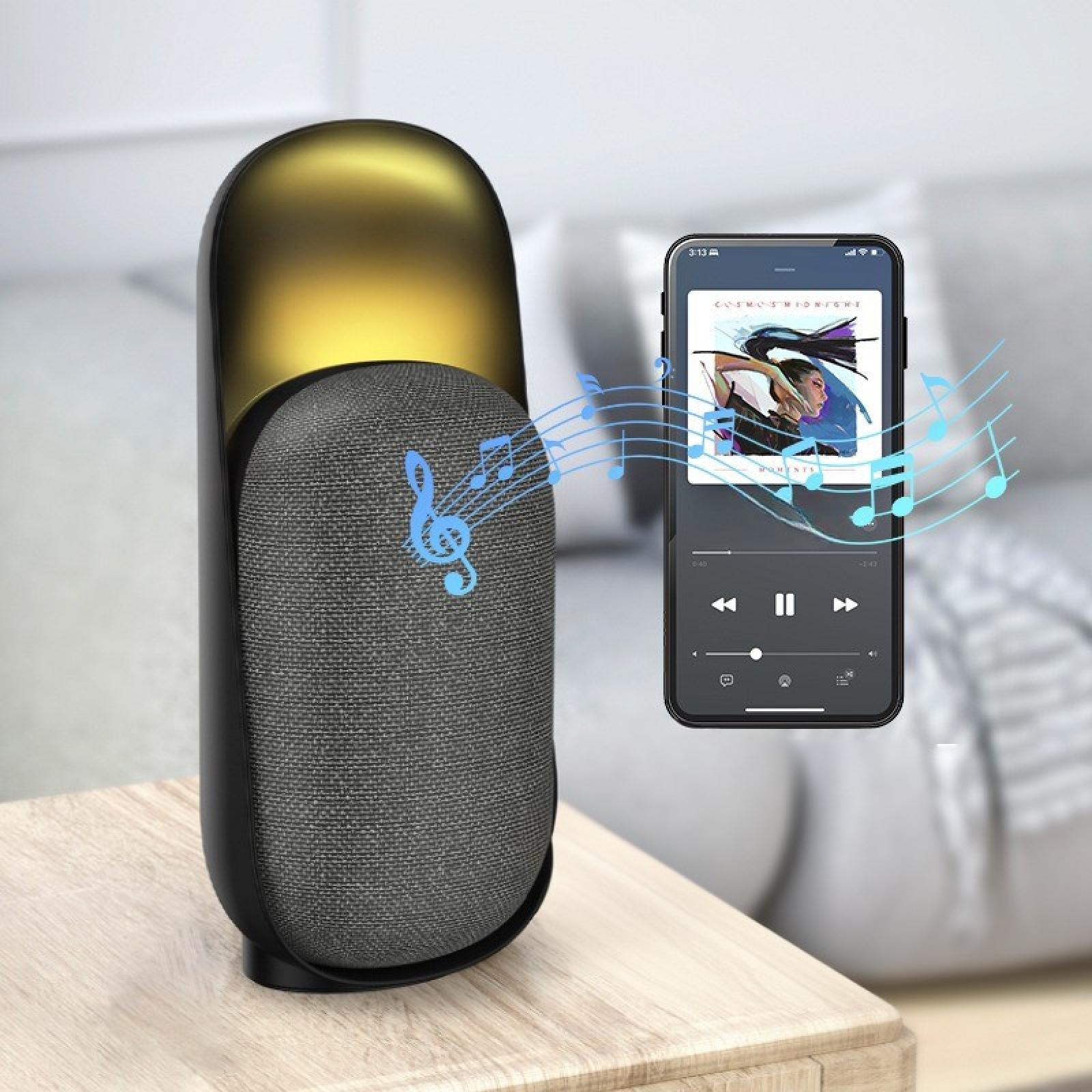 Ein Lautsprecher mit einem Telefon, das Musik abspielt. Blaue Noten gehen vom Lautsprecher aus. Der Lautsprecher ist schwarz und gold.