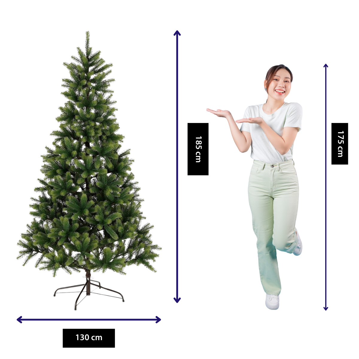 A green Christmas tree next to a woman pointing. Measurements are shown: 130cm width, 185cm height of the tree, and 175cm woman's height.