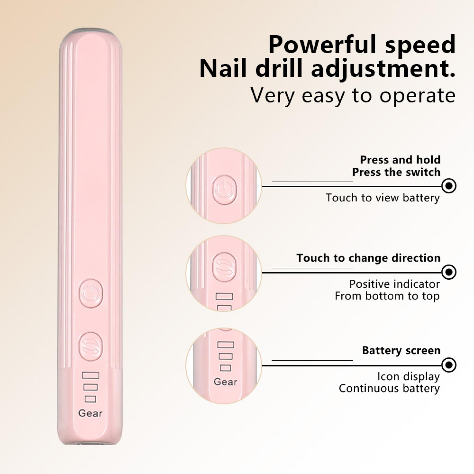 Rosa Nagelfräser mit Knöpfen und Beschriftungen. Text: kraftvolle Geschwindigkeit, Nagelfräser-Einstellung.