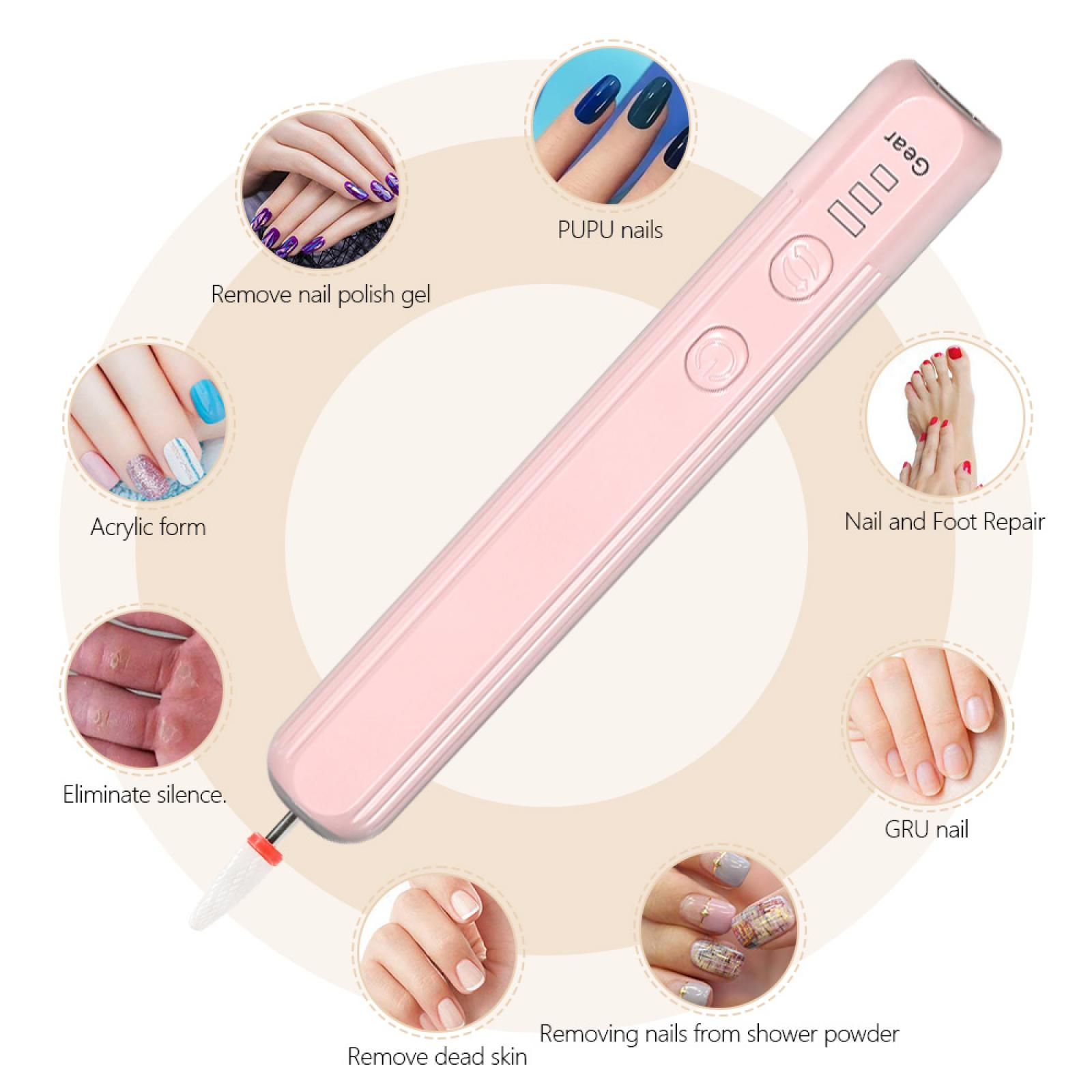 Ein rosa Nagelwerkzeug mit verschiedenen Nagelkunstbeispielen, einschließlich Acrylformen, Gelentfernung und Nagelreparatur.