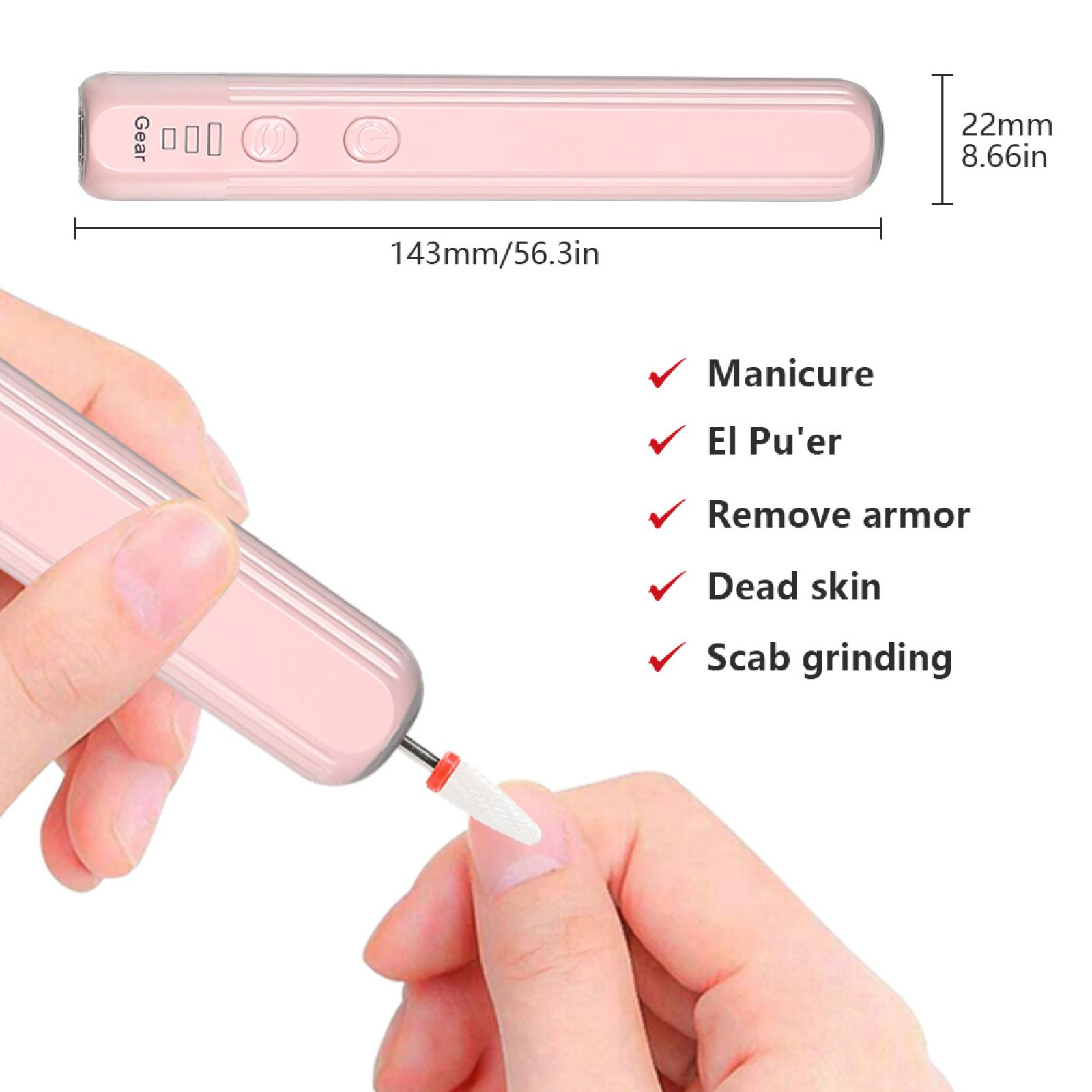 Ein rosa Nagelfräser wird in der Hand gehalten. Er ist mit Abmessungen und Funktionen wie Maniküre und Entfernung abgestorbener Haut versehen.