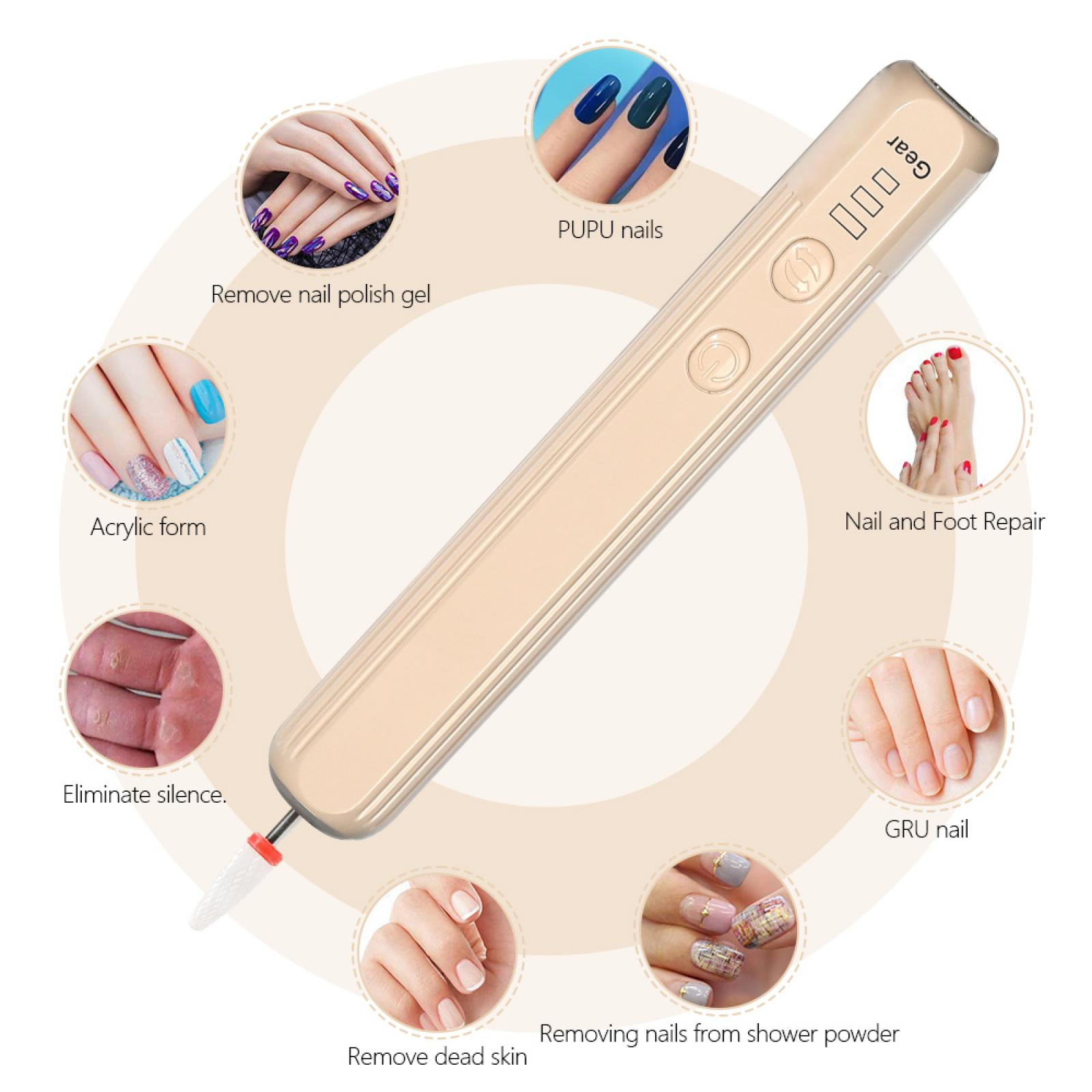 Eine elektrische Nagelfeile mit verschiedenen Nagelpflegebildern: Gelentfernung, Acryl, Reparatur, Entfernung abgestorbener Haut.