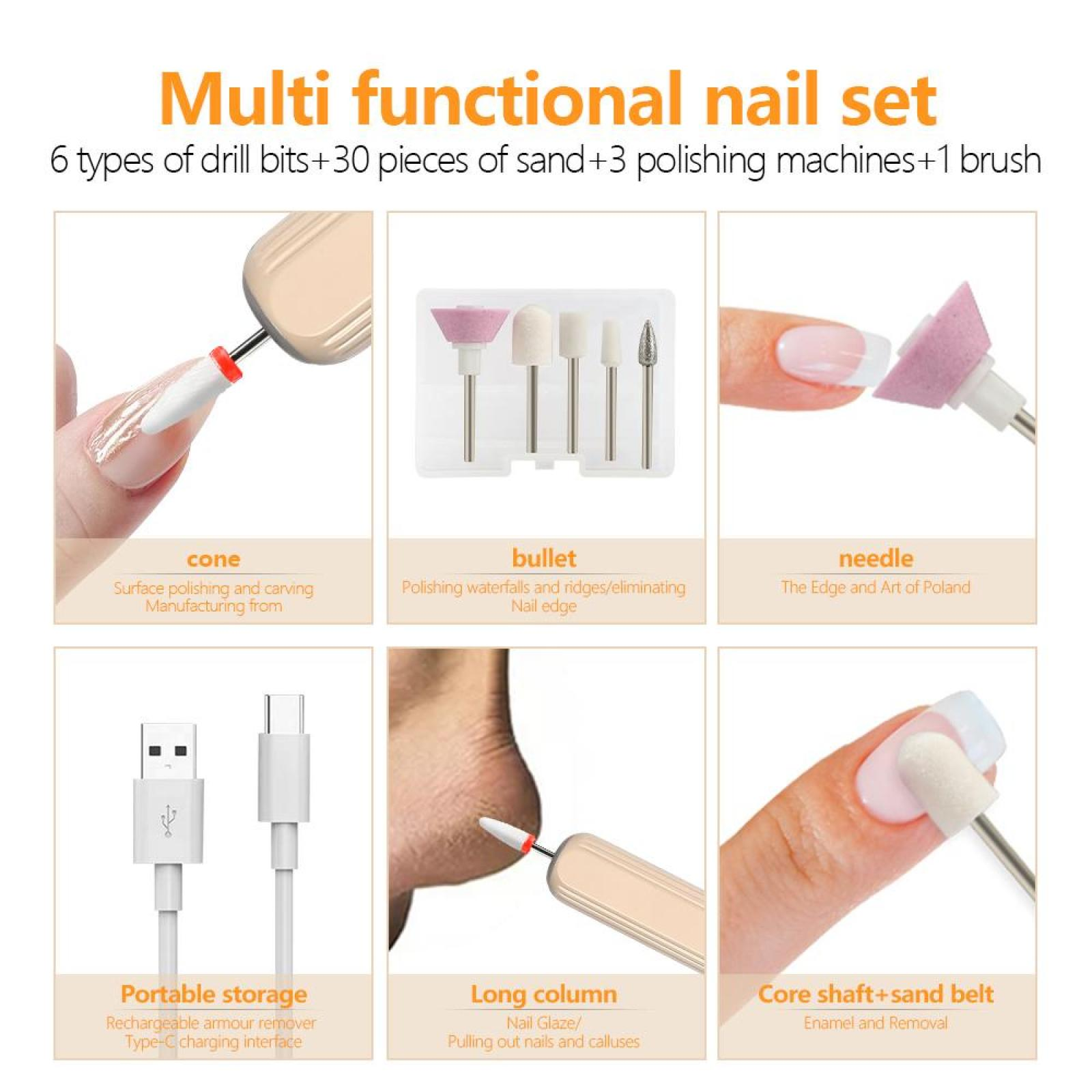 Ein Nagelset mit Bohraufsätzen, Sand, Poliermaschinen und einem Pinsel. Enthält Werkzeuge für die Nagelpflege und USB-Aufladung.