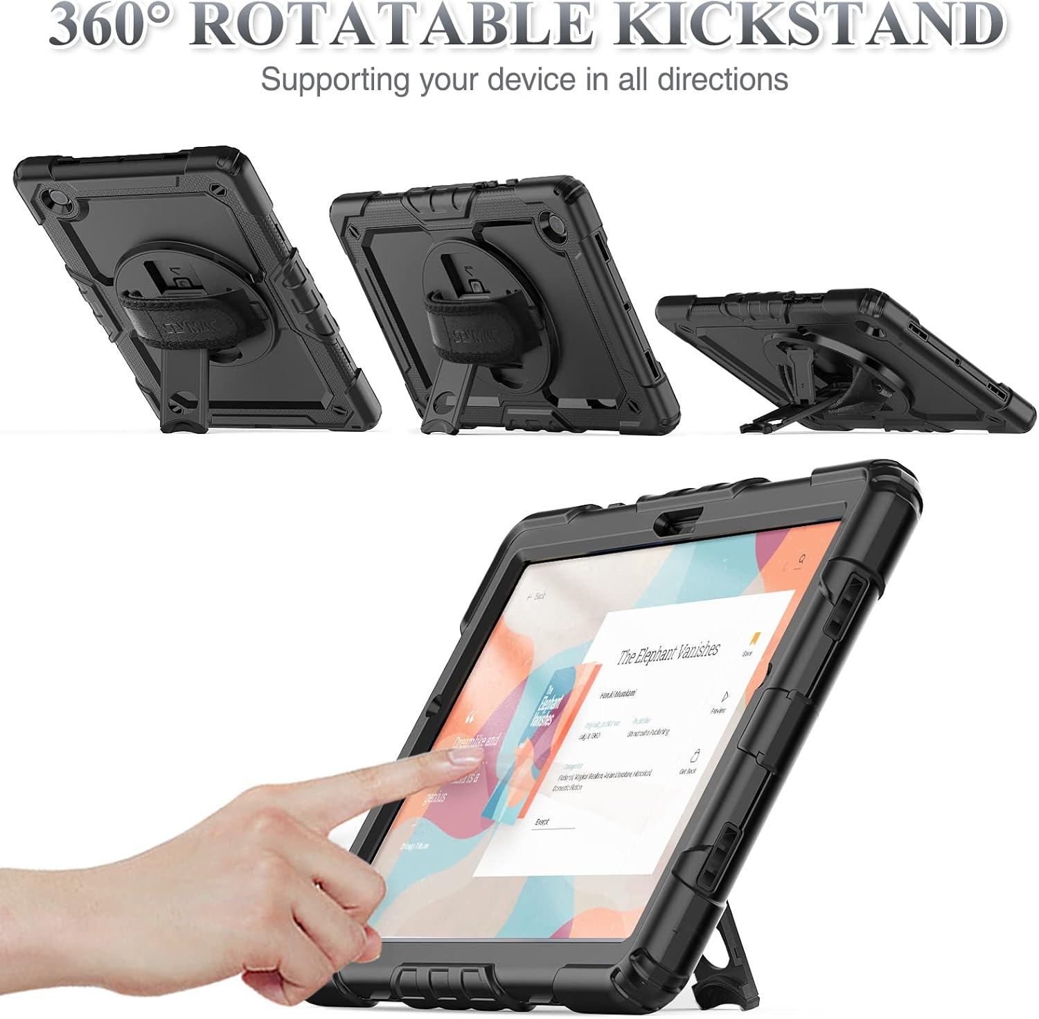 Schwarze Tablet-Hülle mit Ständer. Zeigt einen Bildschirm mit Text, ein Finger berührt ihn. Drei weitere Hüllen sind abgebildet, alle schwarz.