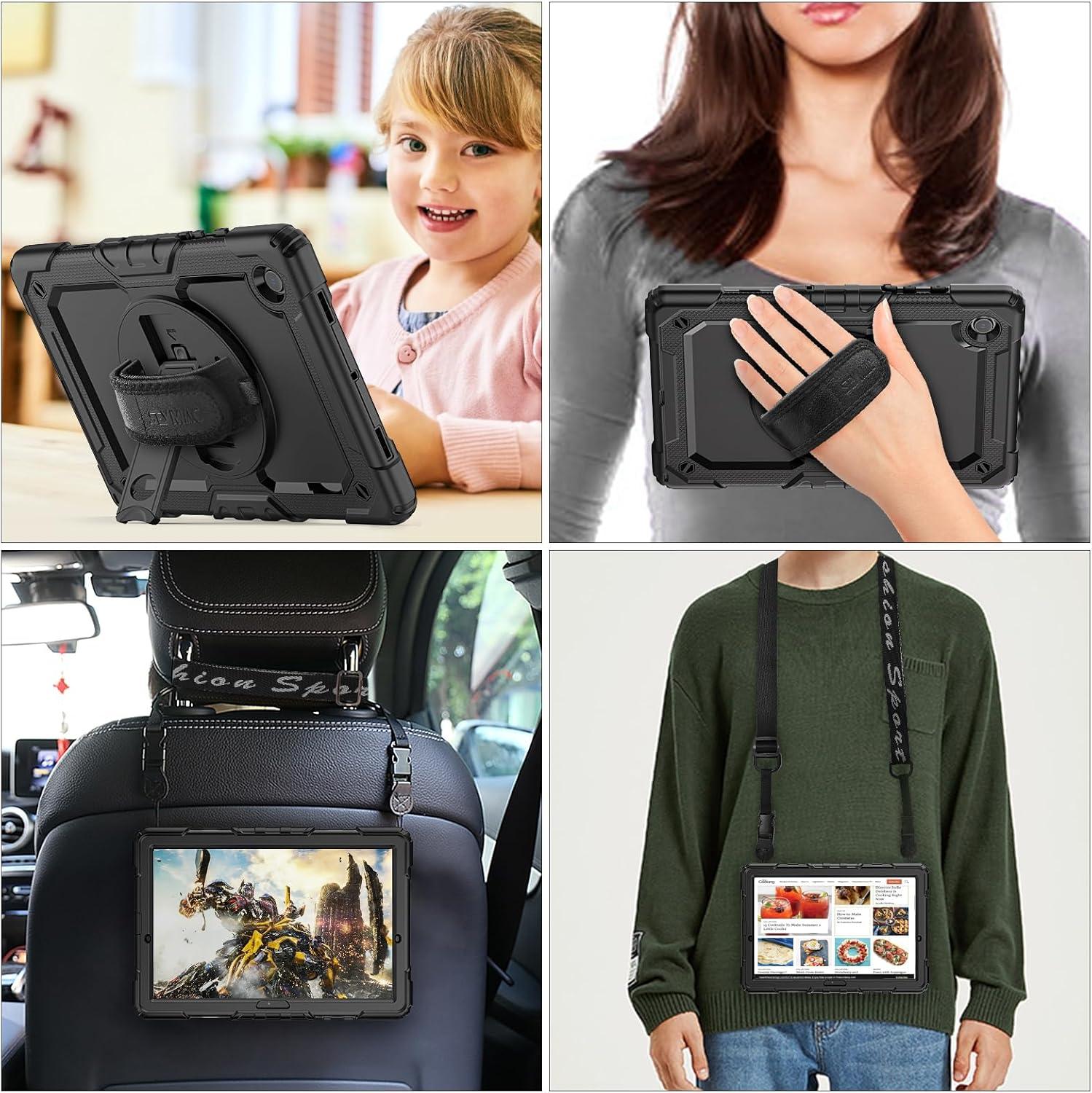 Das Bild zeigt ein Tablet in einer robusten schwarzen Hülle. Es wird von einem Kind benutzt, von einer Frau gehalten, in einem Auto montiert und an einem Gurt getragen.