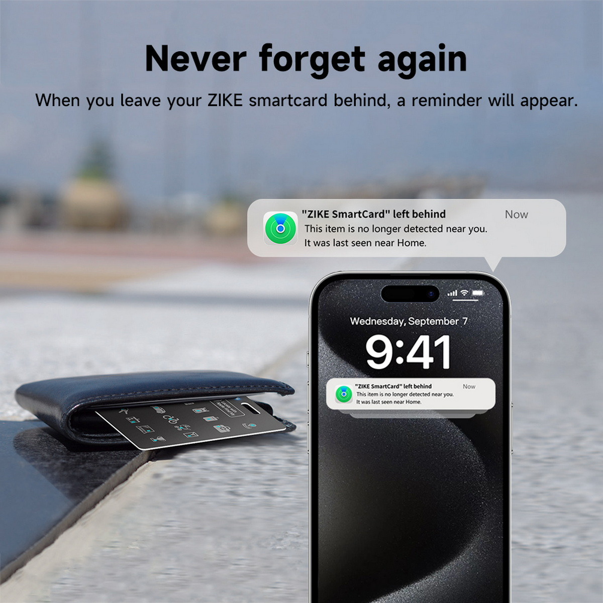 Ein Telefon zeigt eine Benachrichtigung über eine zurückgelassene Smartcard an. Eine Brieftasche und eine Smartcard sind im Vordergrund.