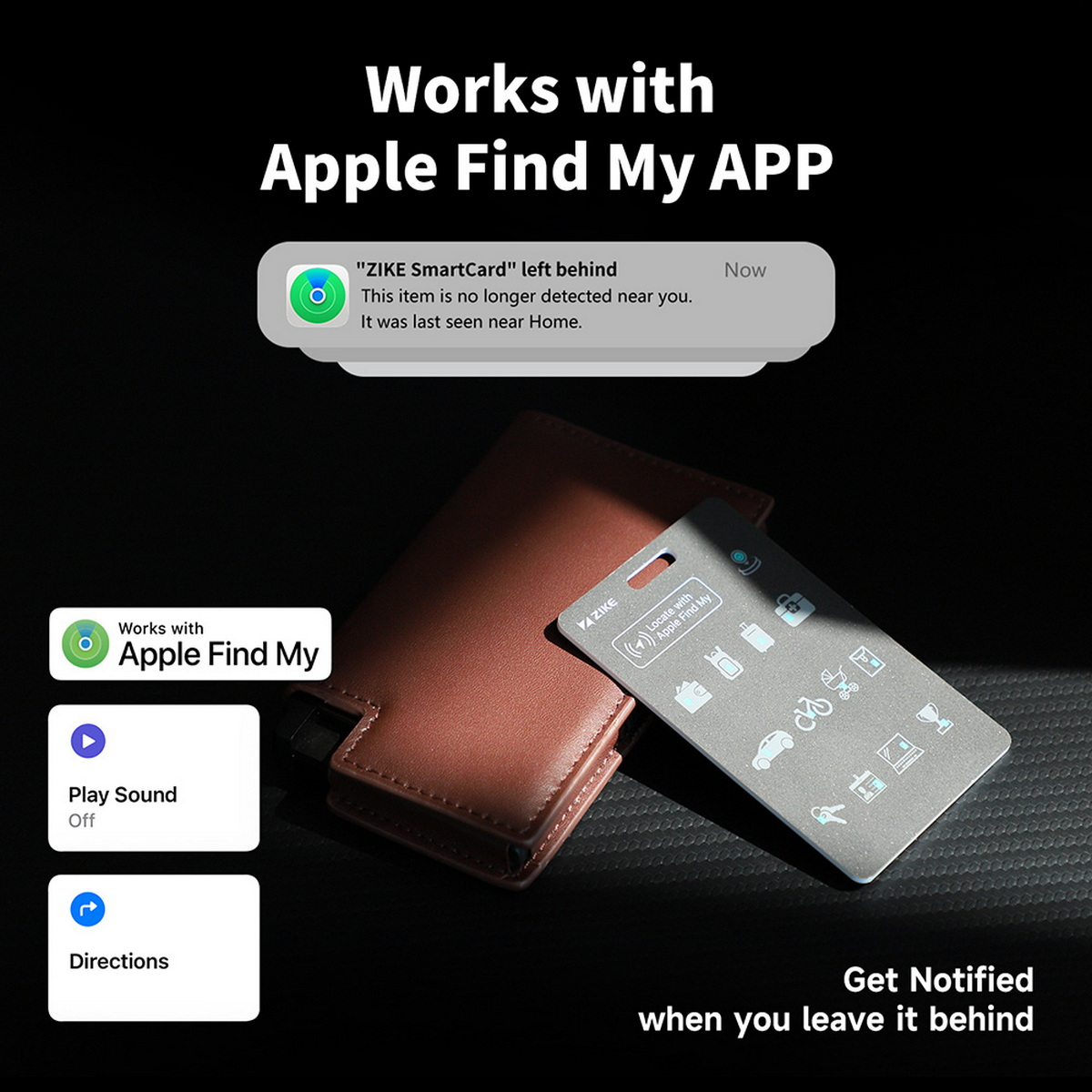 Eine Karte und eine Brieftasche mit dem Apple Find My Logo, Text, dass die Karte zurückgelassen wurde, und eine 'Ton abspielen'-Taste.