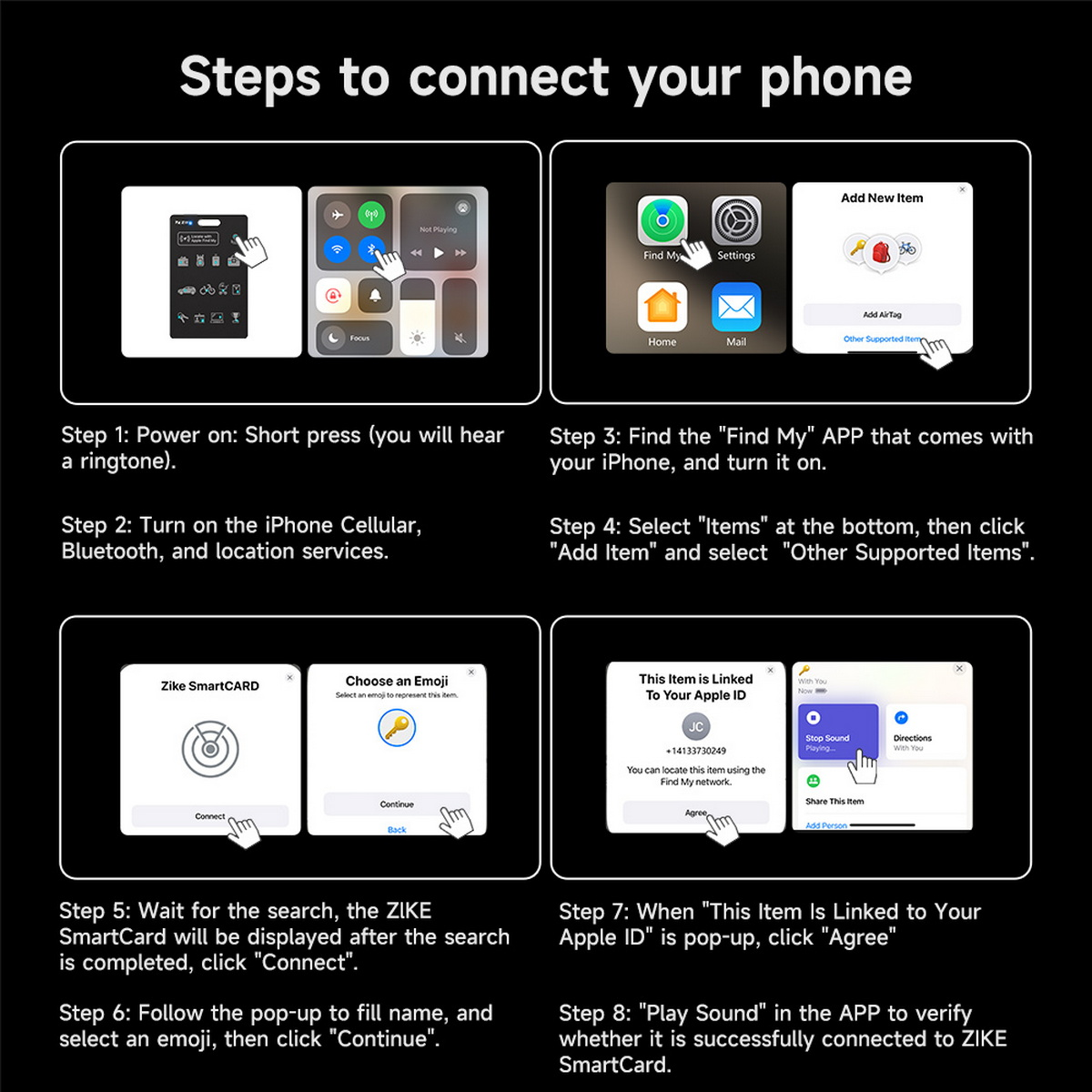 Anleitung zum Verbinden eines Telefons mit Screenshots, die Schritte zeigen, einschließlich Ein- und Verbinden mit Apps.