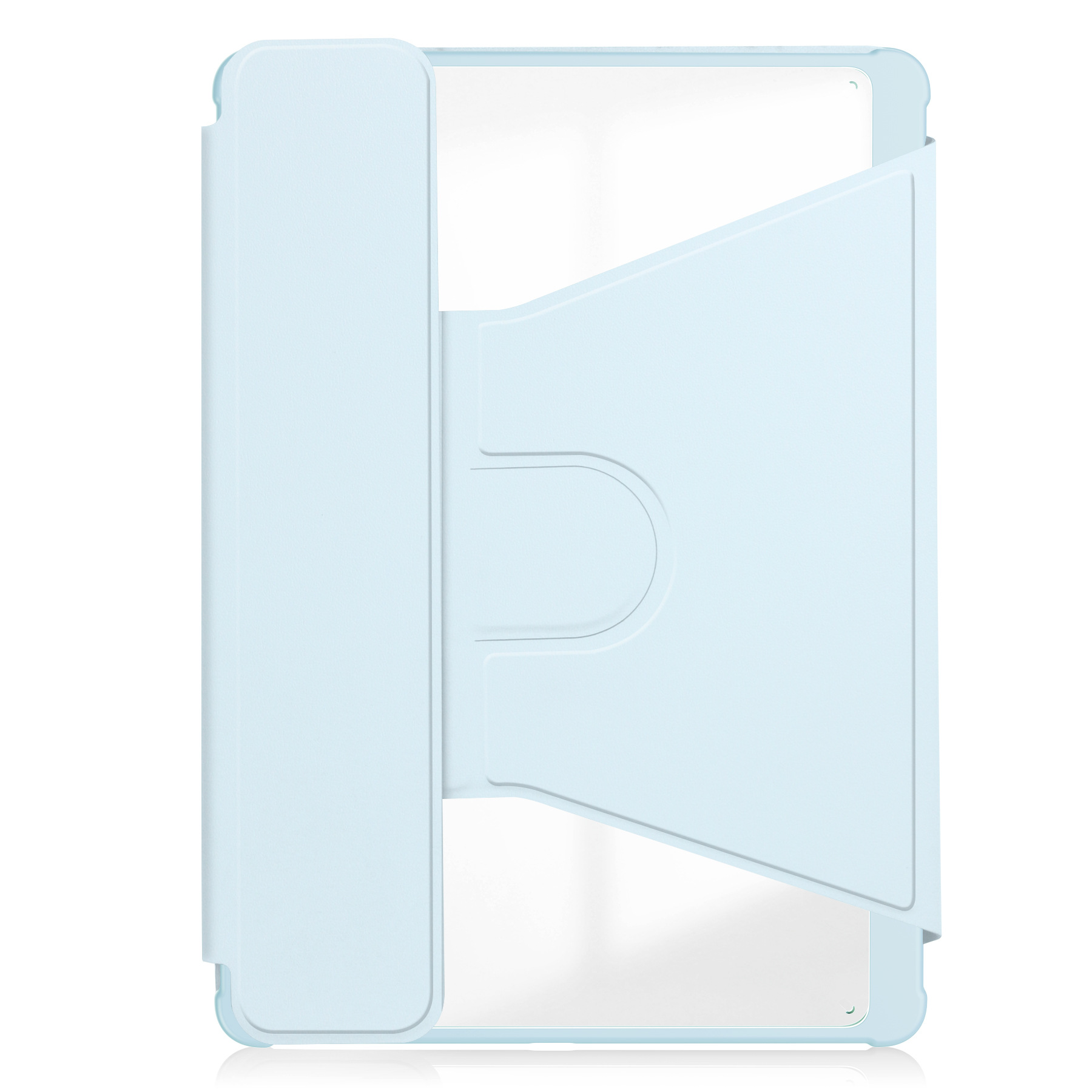 Eine hellblaue Tablethülle ist geöffnet. Die Hülle hat eine hellblaue Farbe und eine rechteckige Form.