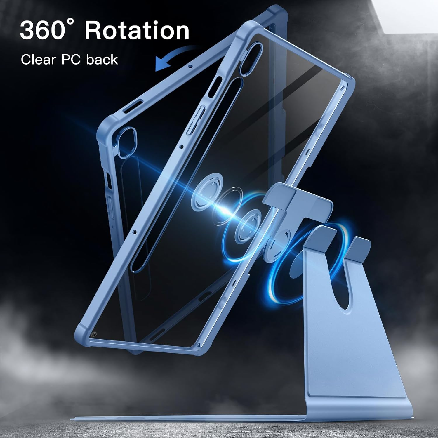 Eine blaue Tablet-Hülle dreht sich auf einem Ständer. Die Hülle hat eine klare Rückseite. Der Text lautet 360° Rotation und Clear PC back.