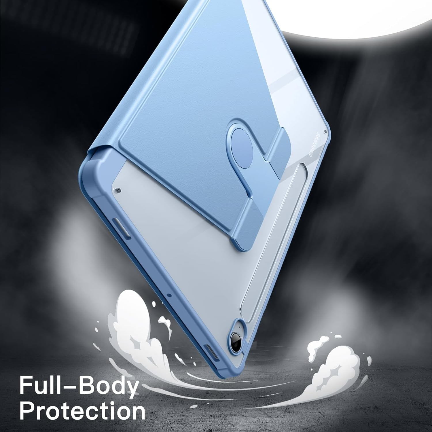 Ein Tablet in einer blauen Hülle, in der Luft geneigt. Rauchähnlicher Effekt unten, Text 'Full-Body Protection' auf grauem Hintergrund.