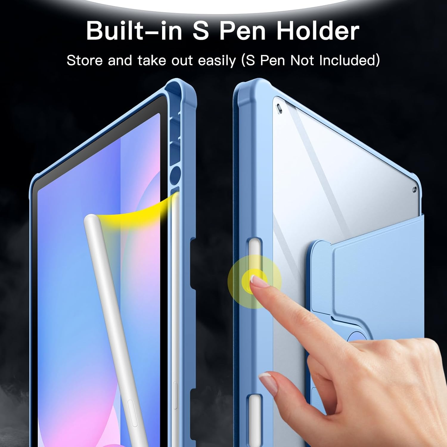 Das Bild zeigt eine Tablet-Hülle mit integriertem S Pen-Halter, hervorgehoben durch einen Finger, der darauf zeigt. Die Hülle ist blau.