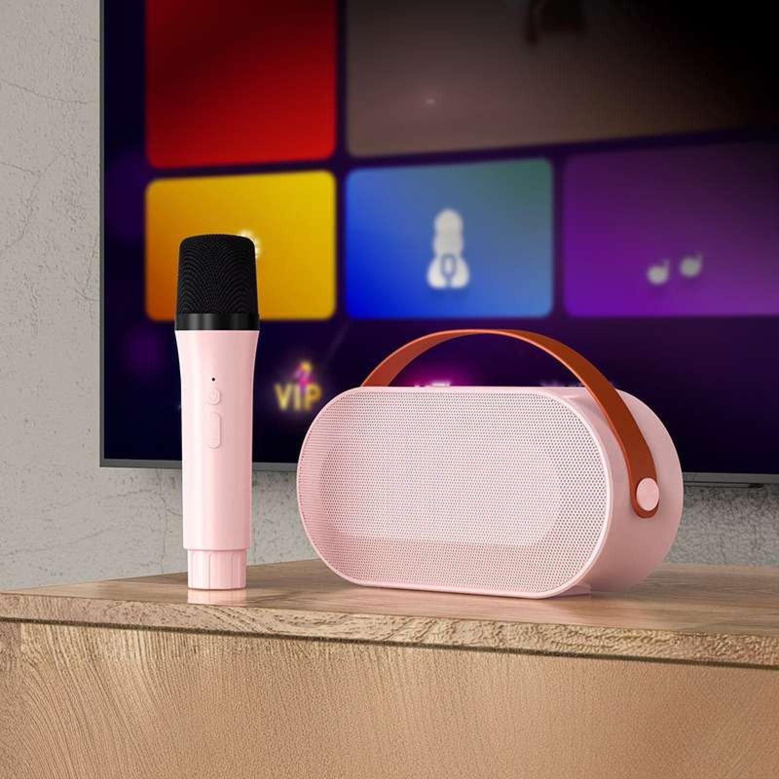 Ein rosa Mikrofon und Lautsprecher stehen auf einer Holzoberfläche. Im Hintergrund ist ein Fernseher.