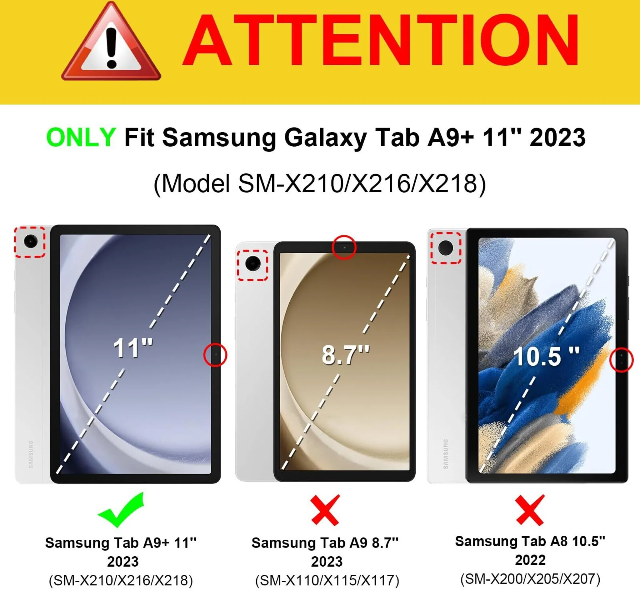 Das Bild zeigt drei Tablets. Das linke ist mit '11"' beschriftet und hat ein grünes Häkchen. Die anderen haben rote X's.