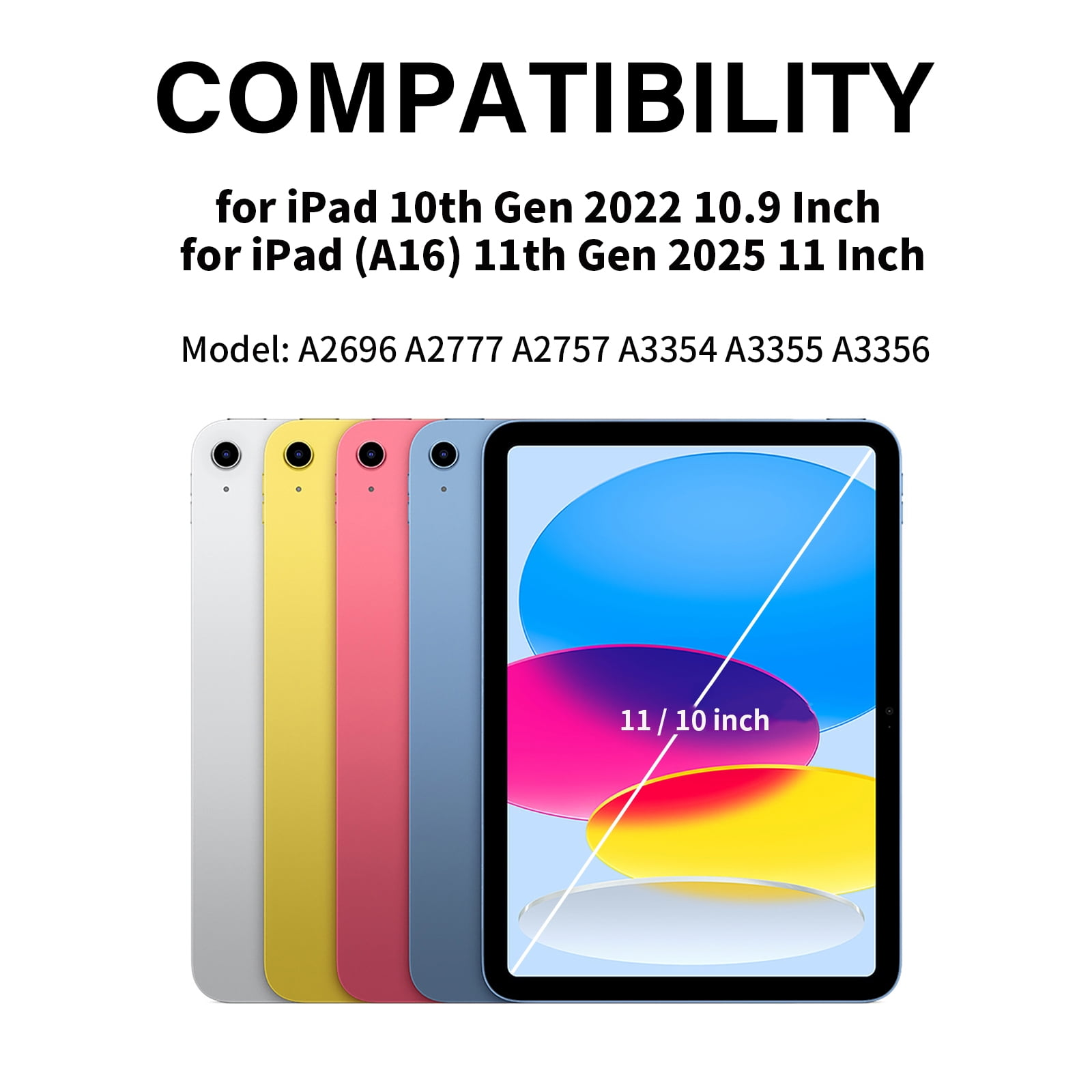 Das Bild zeigt iPads in verschiedenen Farben mit Text, der die Kompatibilität für iPad-Modelle angibt. Enthält die Bildschirmgröße.