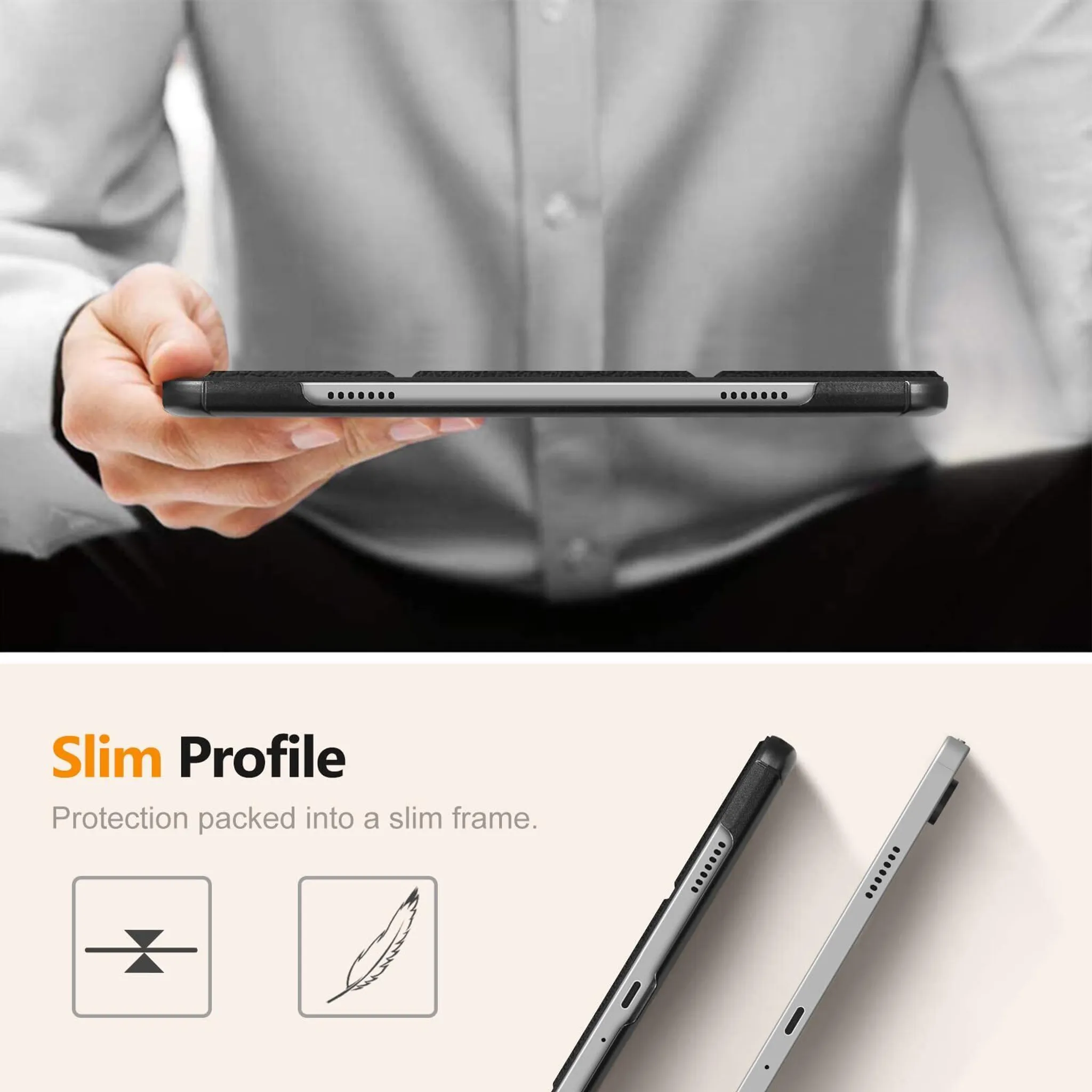 Ein Tablet, das von einer Person gehalten wird. Das Tablet ist schwarz und grau mit sichtbaren Anschlüssen. Der Hintergrund ist ein verschwommenes weißes Hemd.