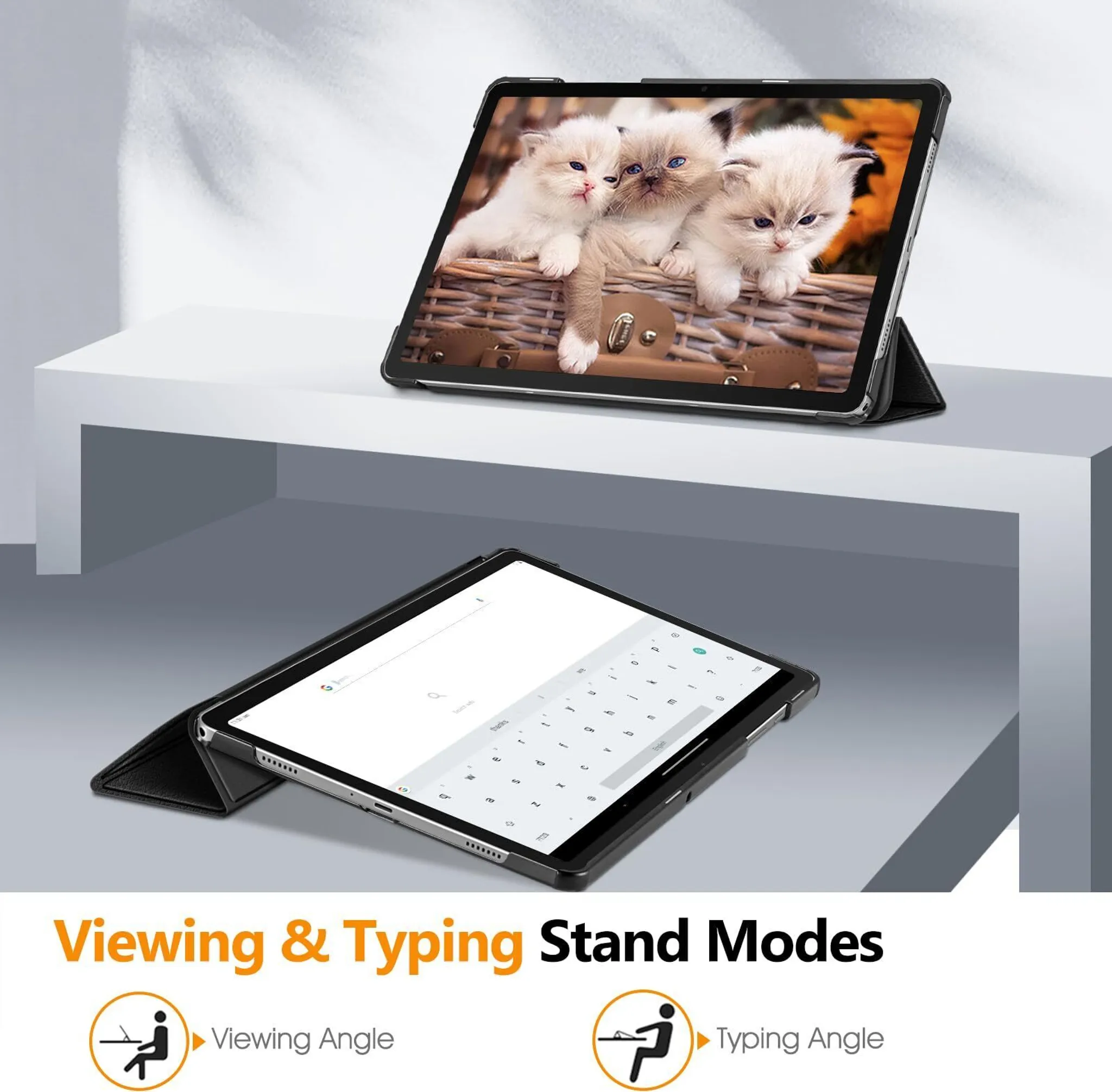 Zwei Tablets auf weißer Oberfläche. Eines zeigt Kätzchen, das andere eine Tastatur. Text darunter: Betrachtungs- und Tipp-Standmodi.