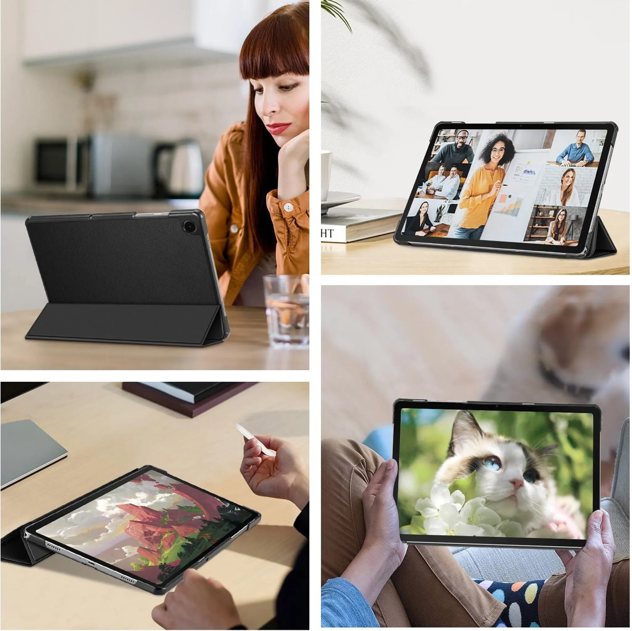 Tablett im Gebrauch. Frau am Tisch, Tablet auf dem Schreibtisch, Videoanruf auf dem Bildschirm. Katze auf dem Bildschirm.